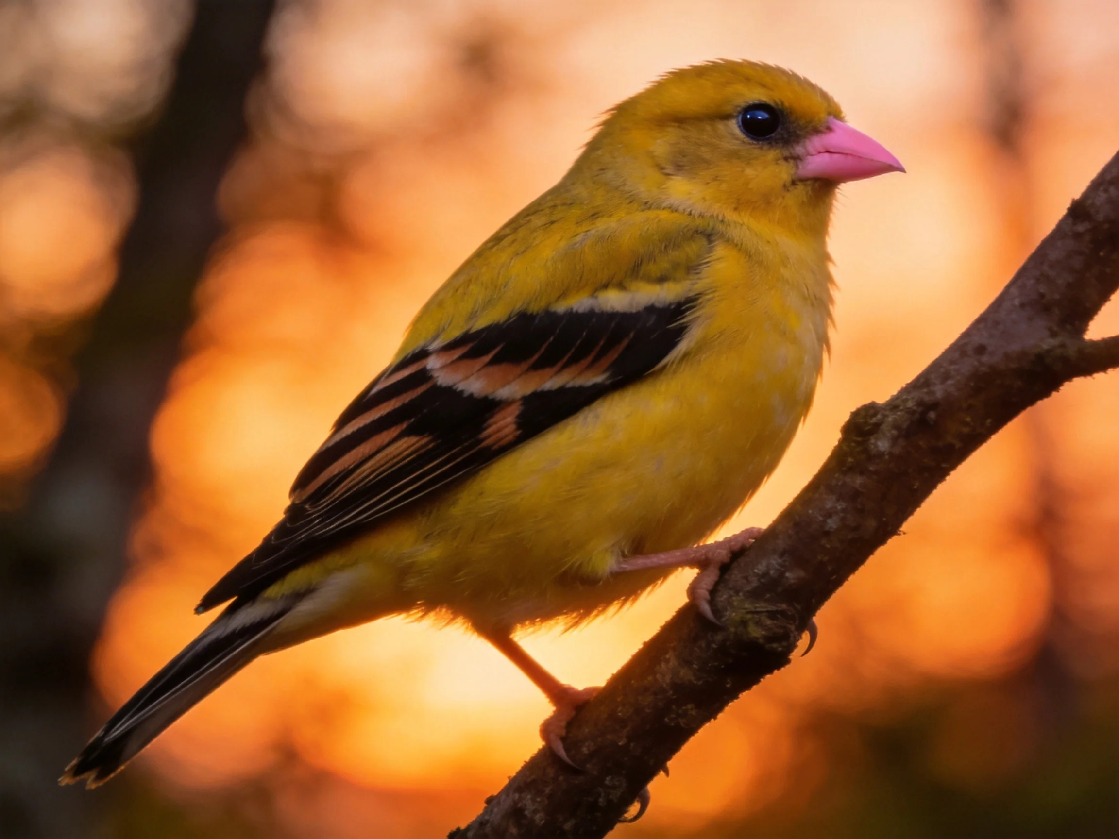 A vibrant yellow bird with pink beak perched on a branch during an orange sunset