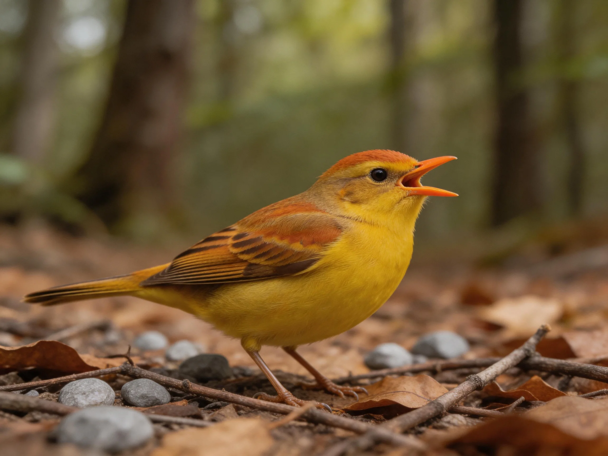 A vibrant yellow bird with reddish-brown wings on forest floor