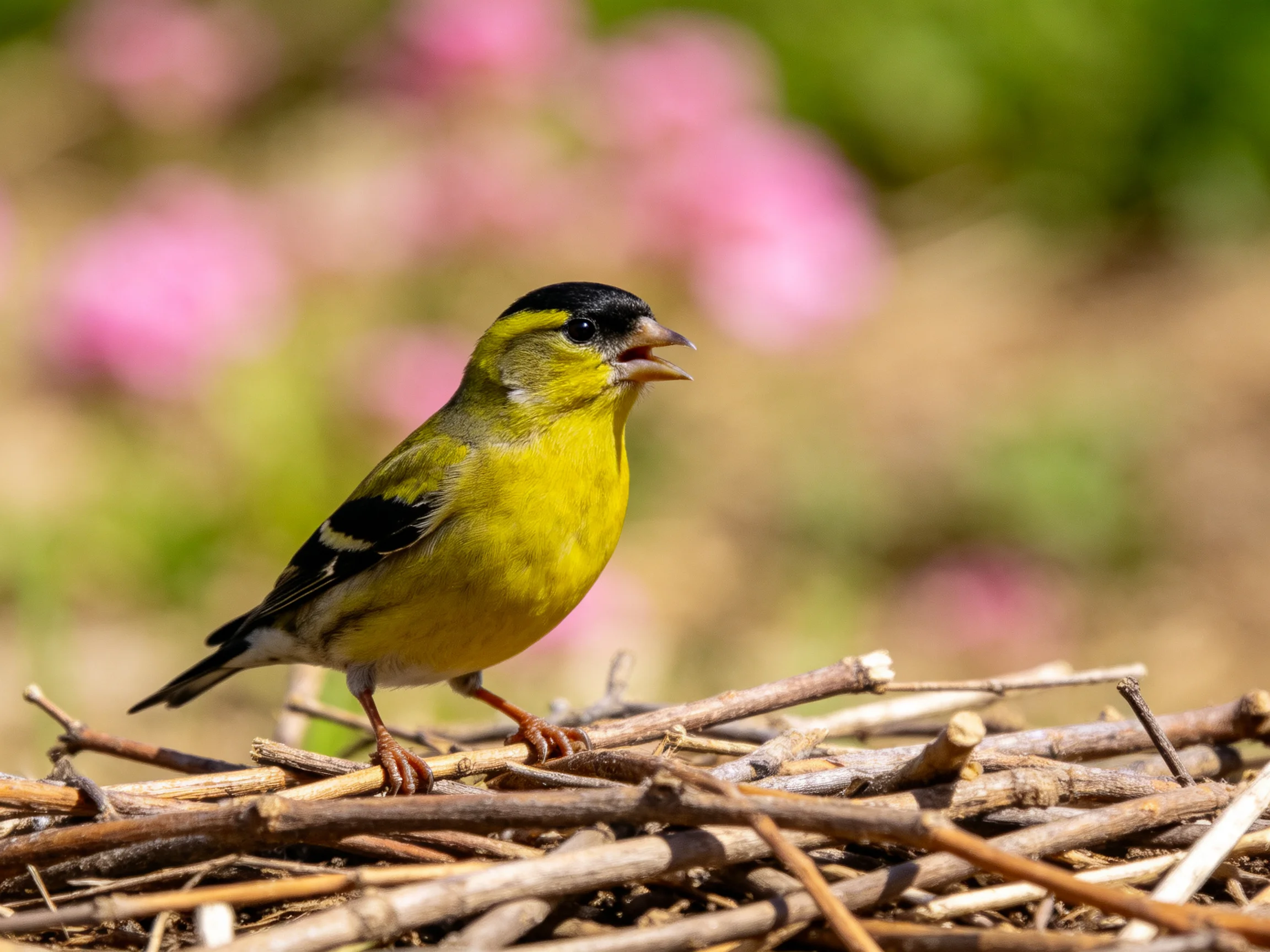 A colorful finch stands on a twig structure with pink flowers in the background.