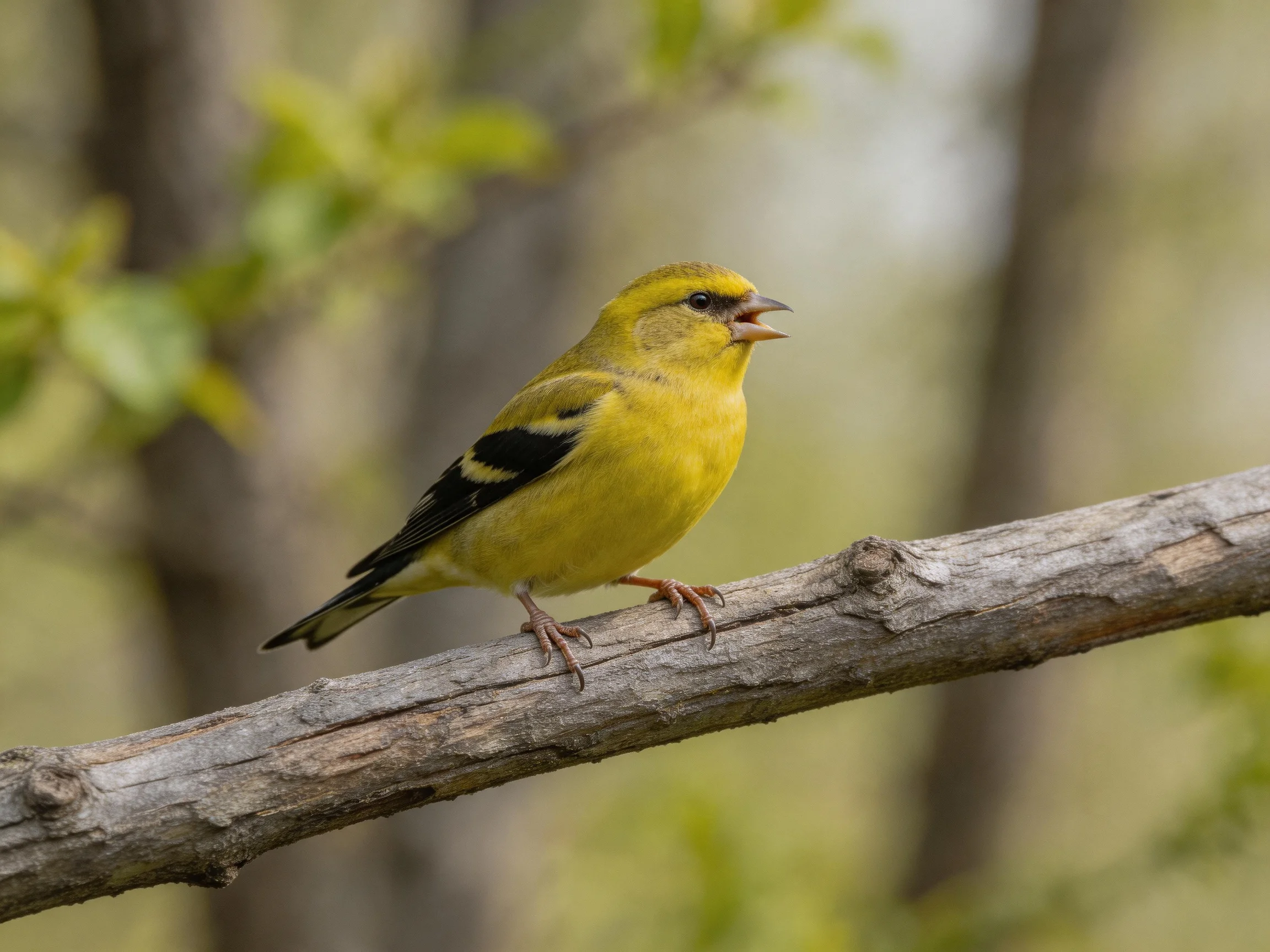 A vibrant yellow finch perches on a weathered wooden branch