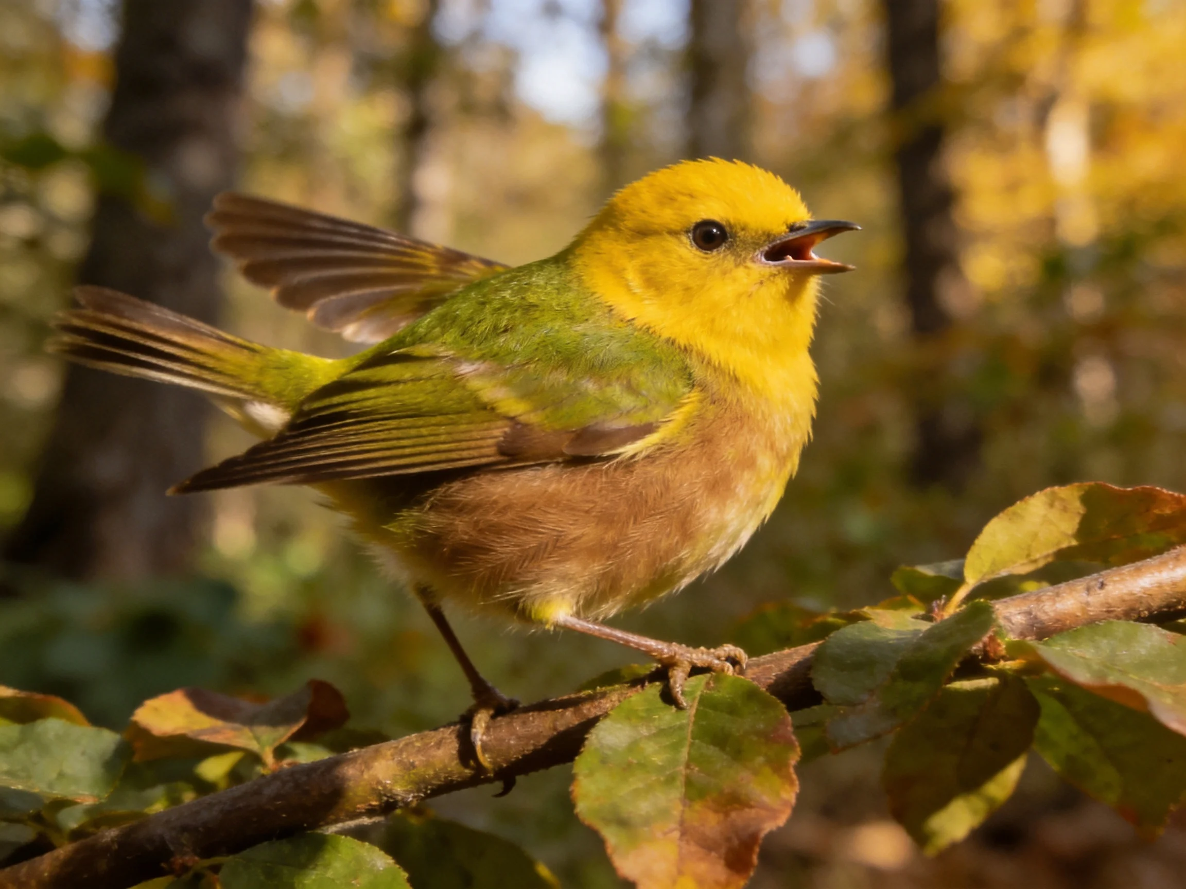 A vibrant yellow-headed bird perched on a leafy branch