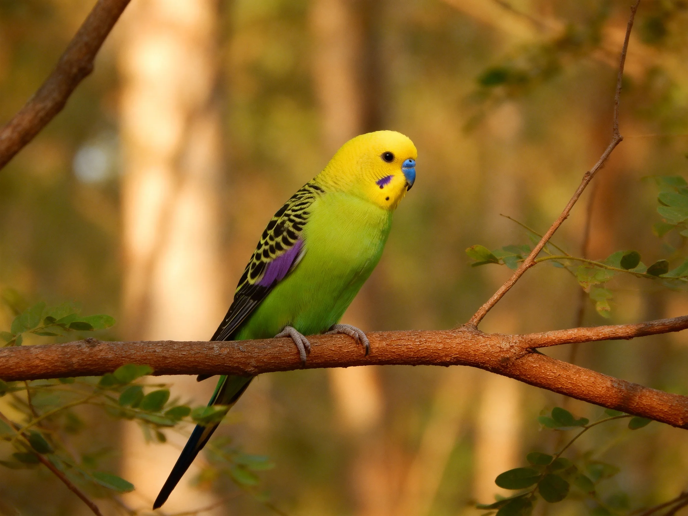 A vibrant yellow-headed budgerigar perches on a brown tree branch