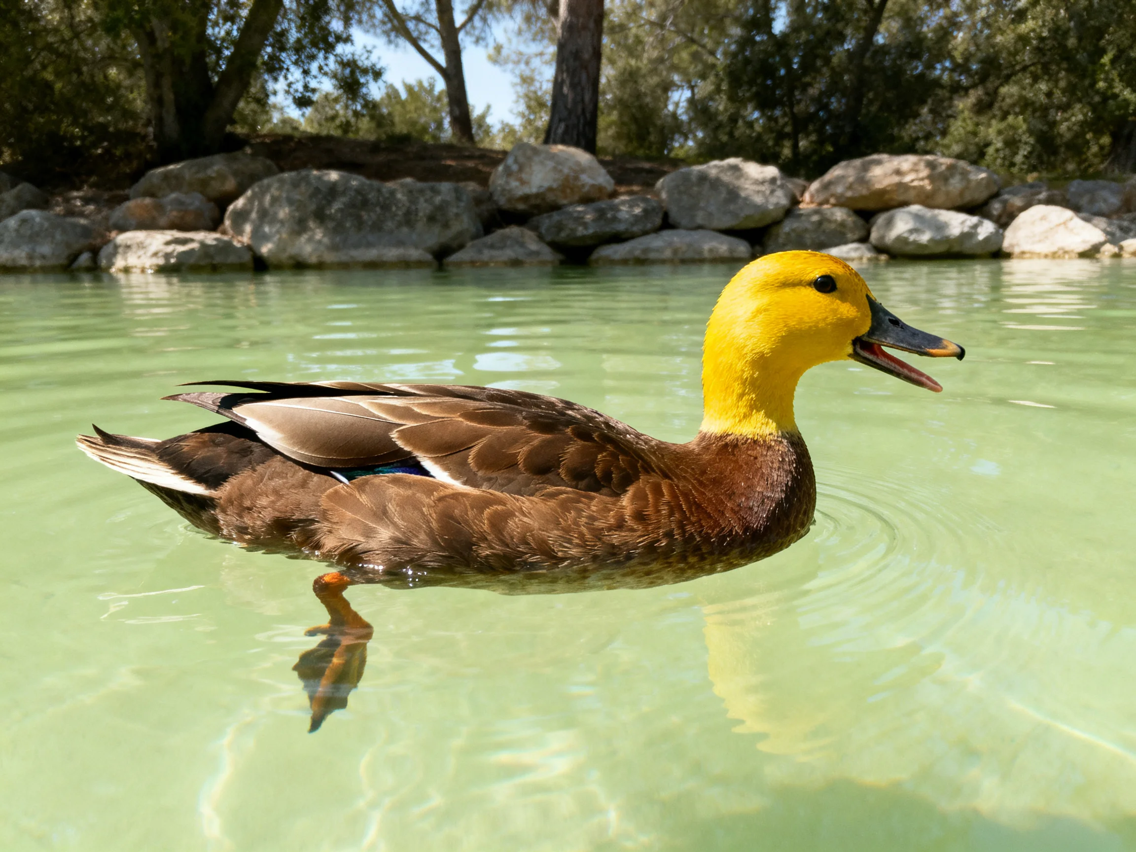 A vibrant yellow-headed duck swims in clear green water near rocky shore