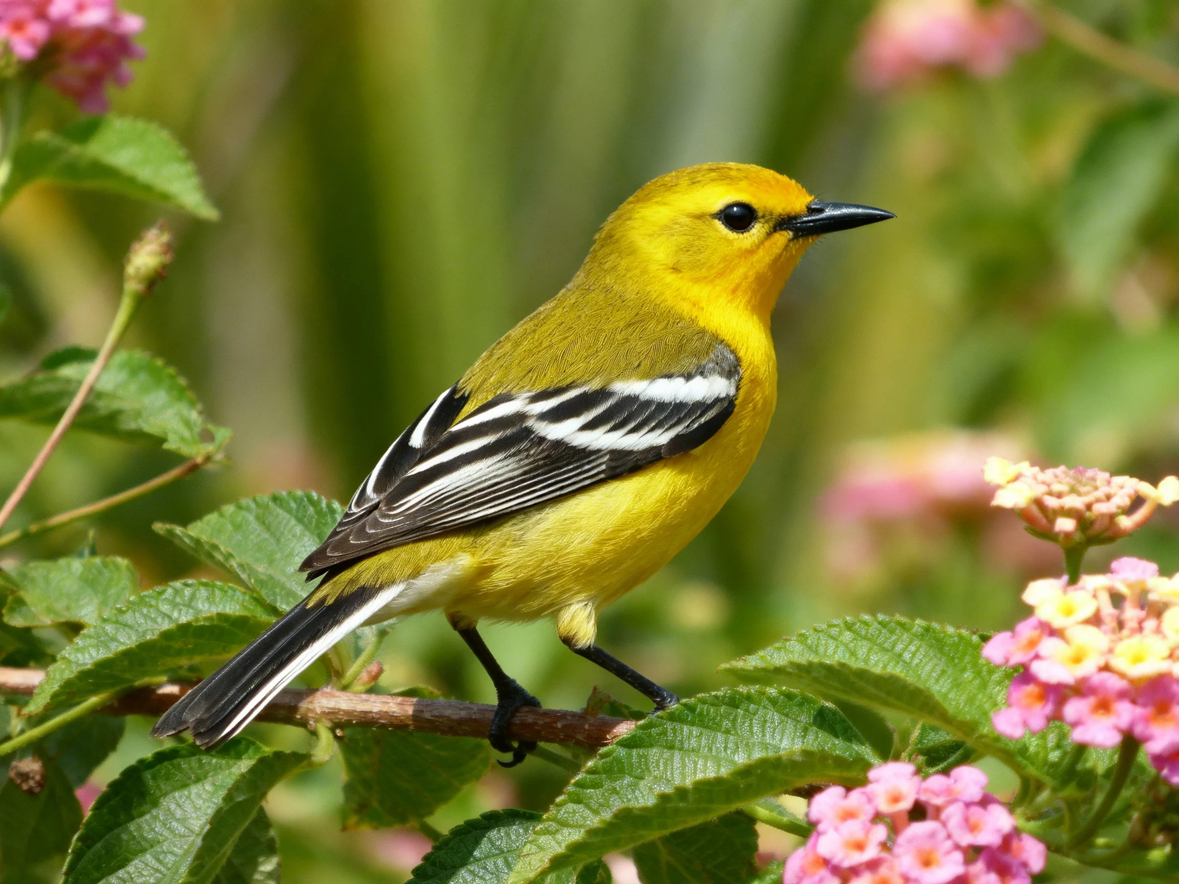 A vibrant yellow warbler perched among pink flowers and green leaves