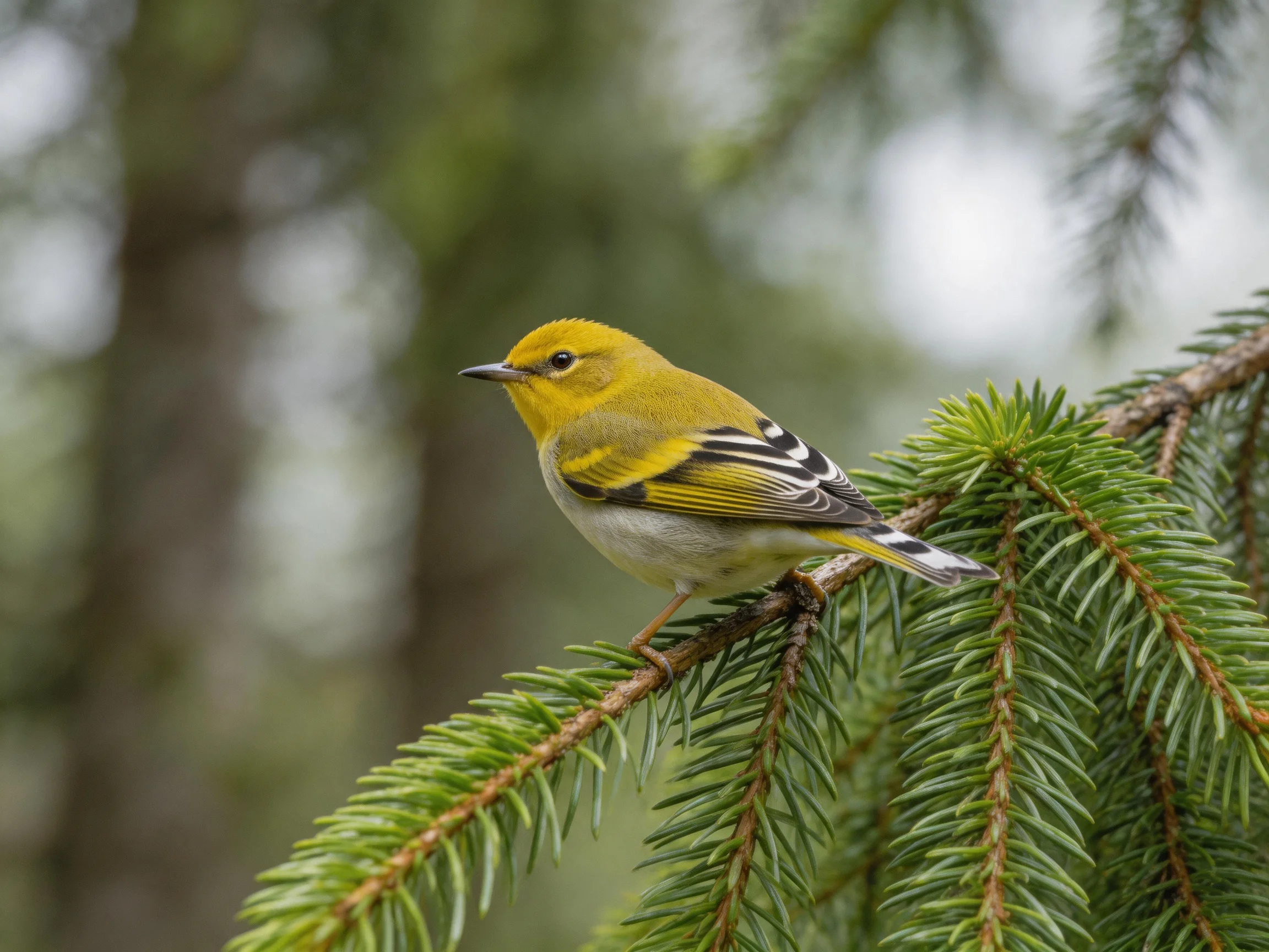 A vibrant yellow warbler perched on green pine needles