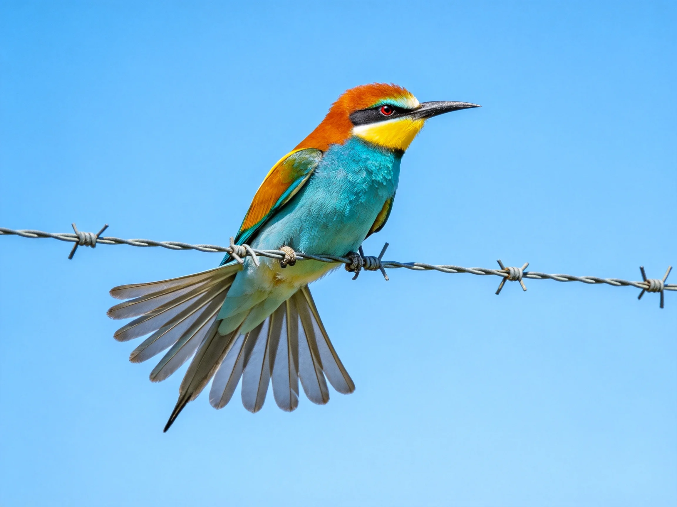 A vibrantly colored bee-eater perches on barbed wire against a clear blue sky