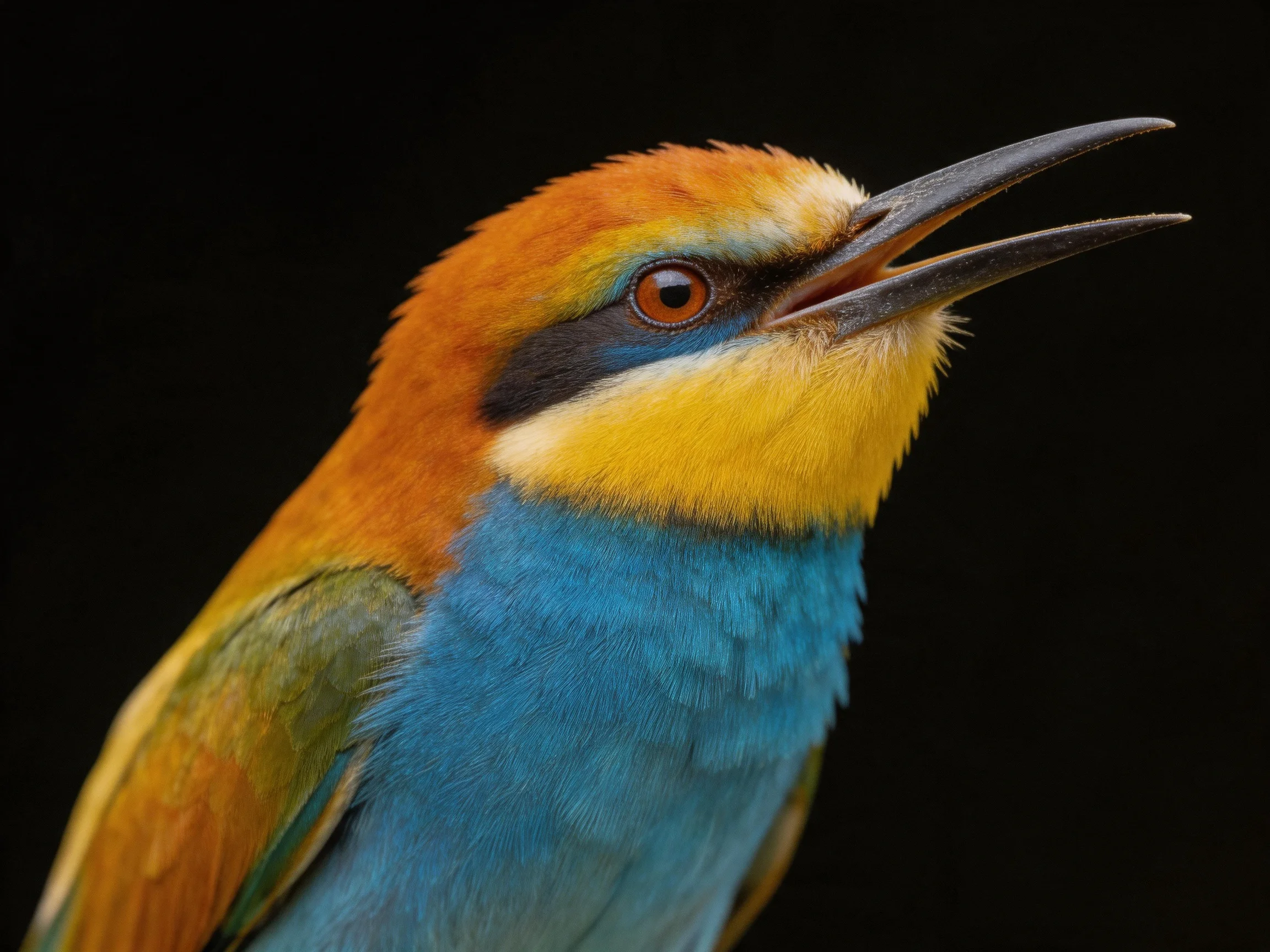 A vibrantly colored bee - eater with orange, yellow, and blue plumage