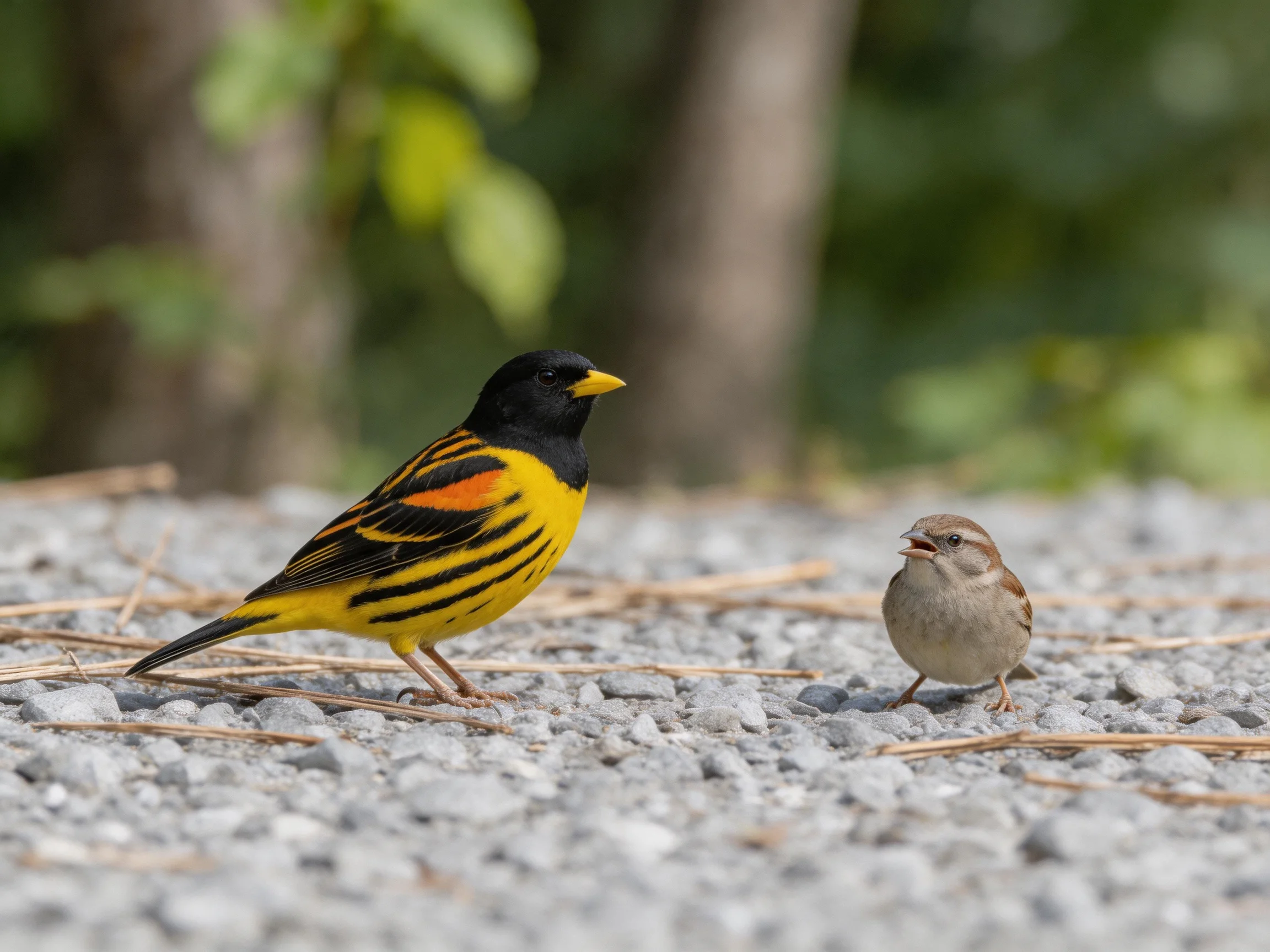 A vibrantly colored bird and small sparrow on gravel near trees