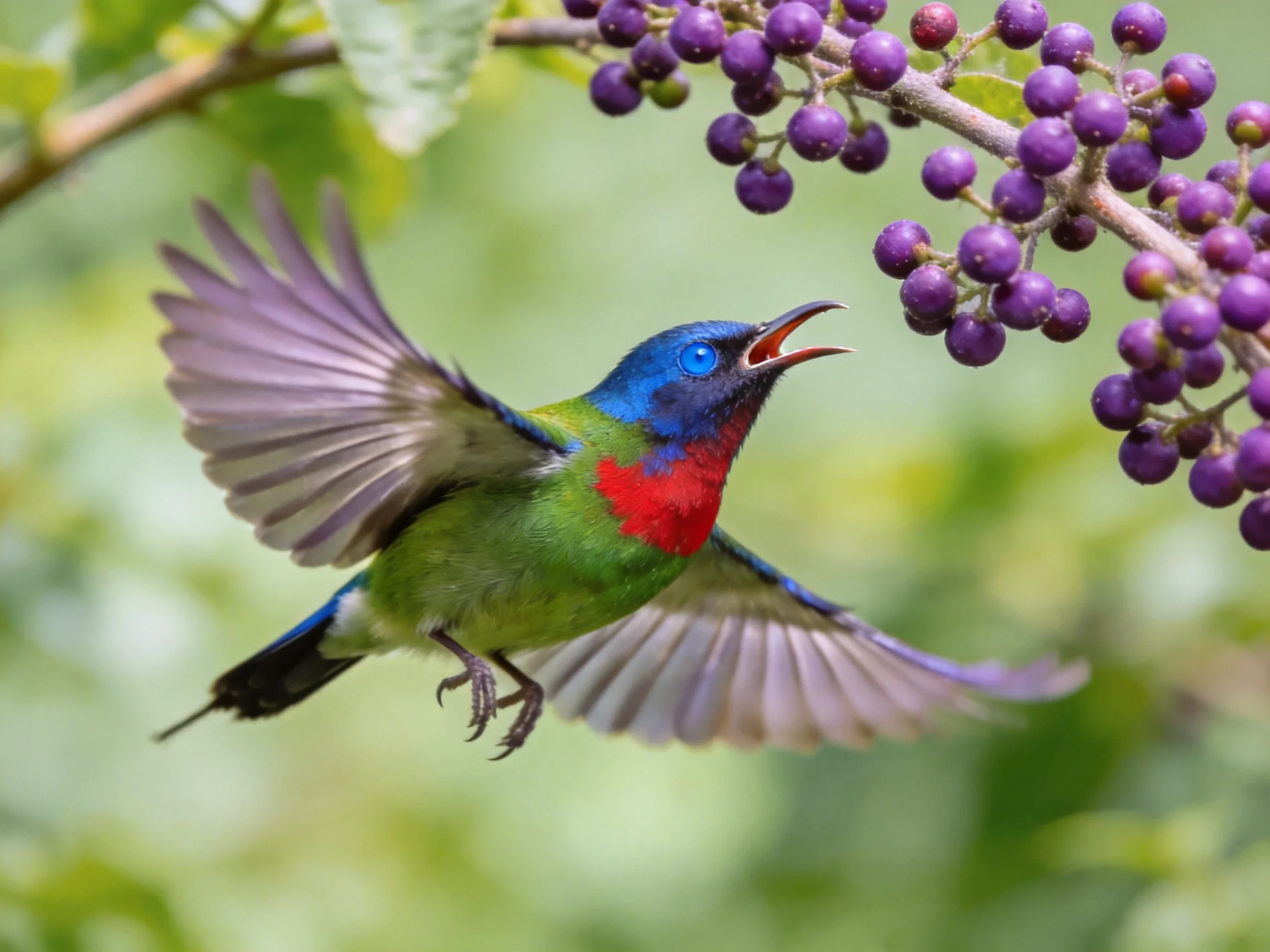 A vibrantly colored bird approaching purple berry clusters