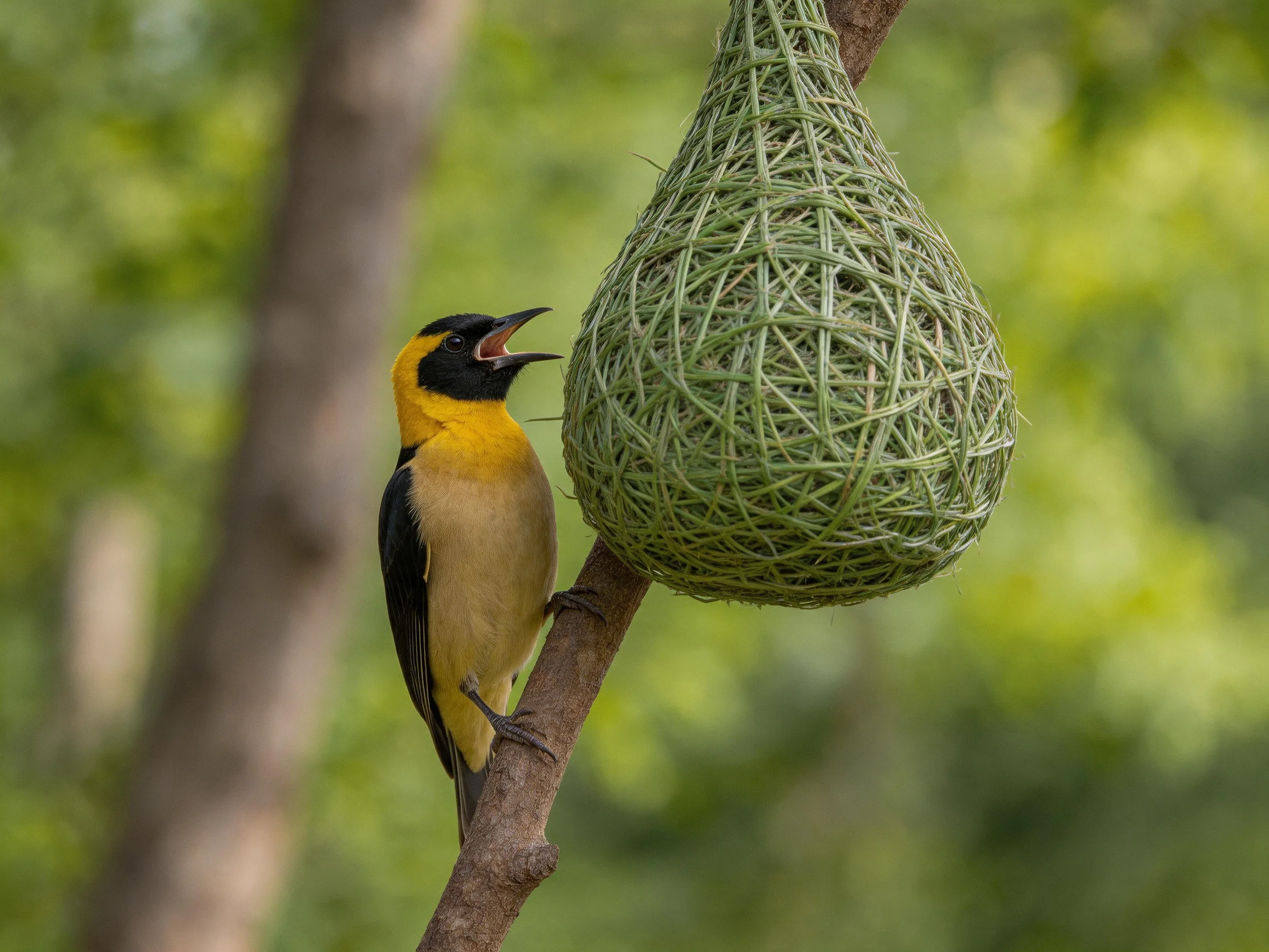 A vibrantly colored bird perched beside a large green woven nest