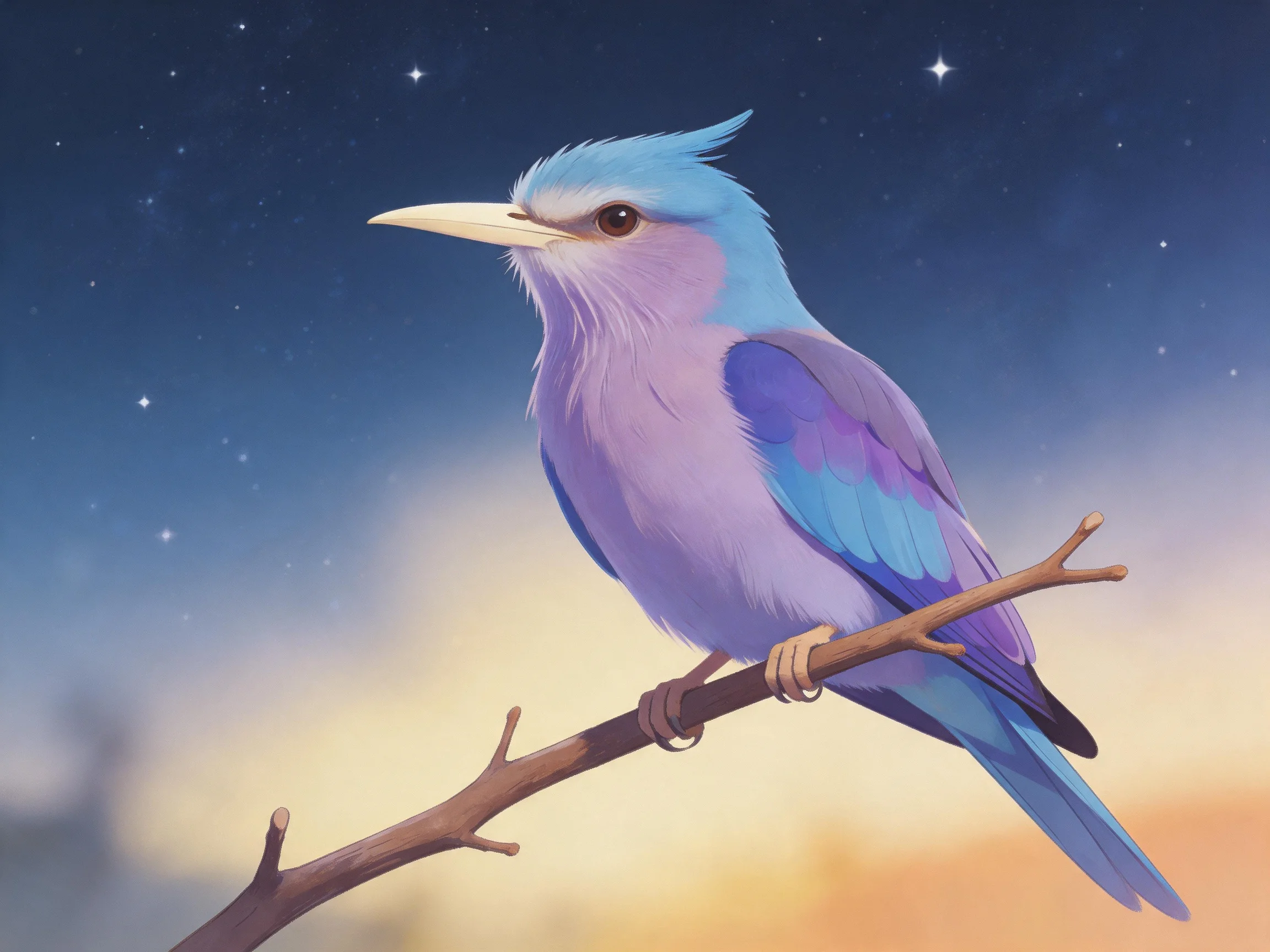 A vibrantly colored bird perched on a branch under a starry night sky