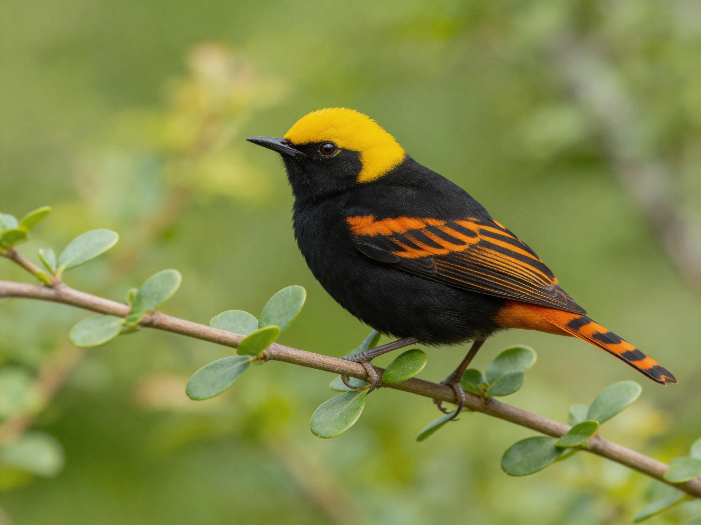 A vibrantly colored bird perched on a leafy branch