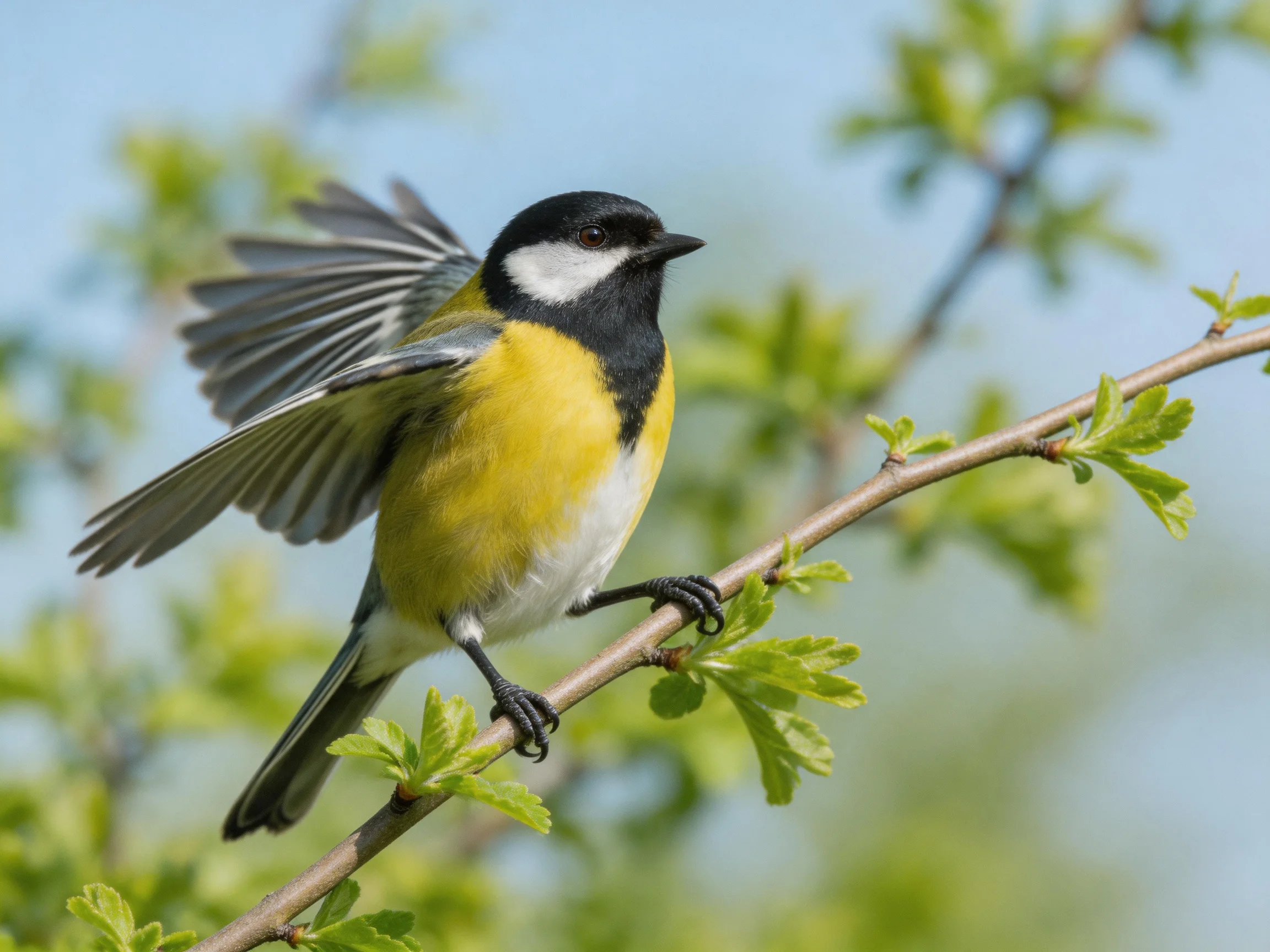 A vibrantly colored bird perched on a leafy branch with wings spread