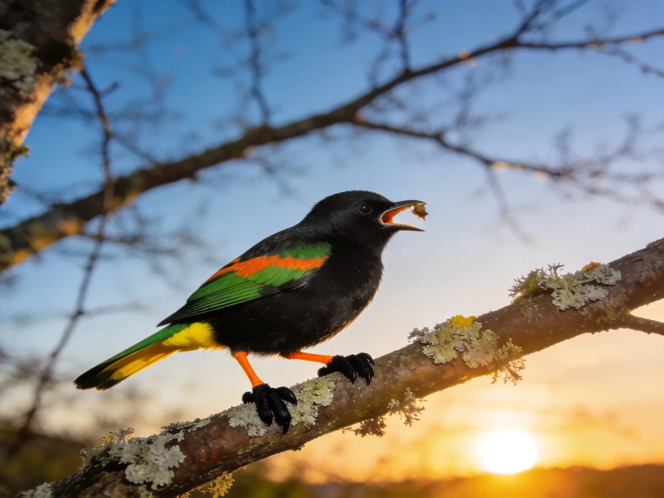 A vibrantly colored bird perched on a lichen-covered branch near sunset