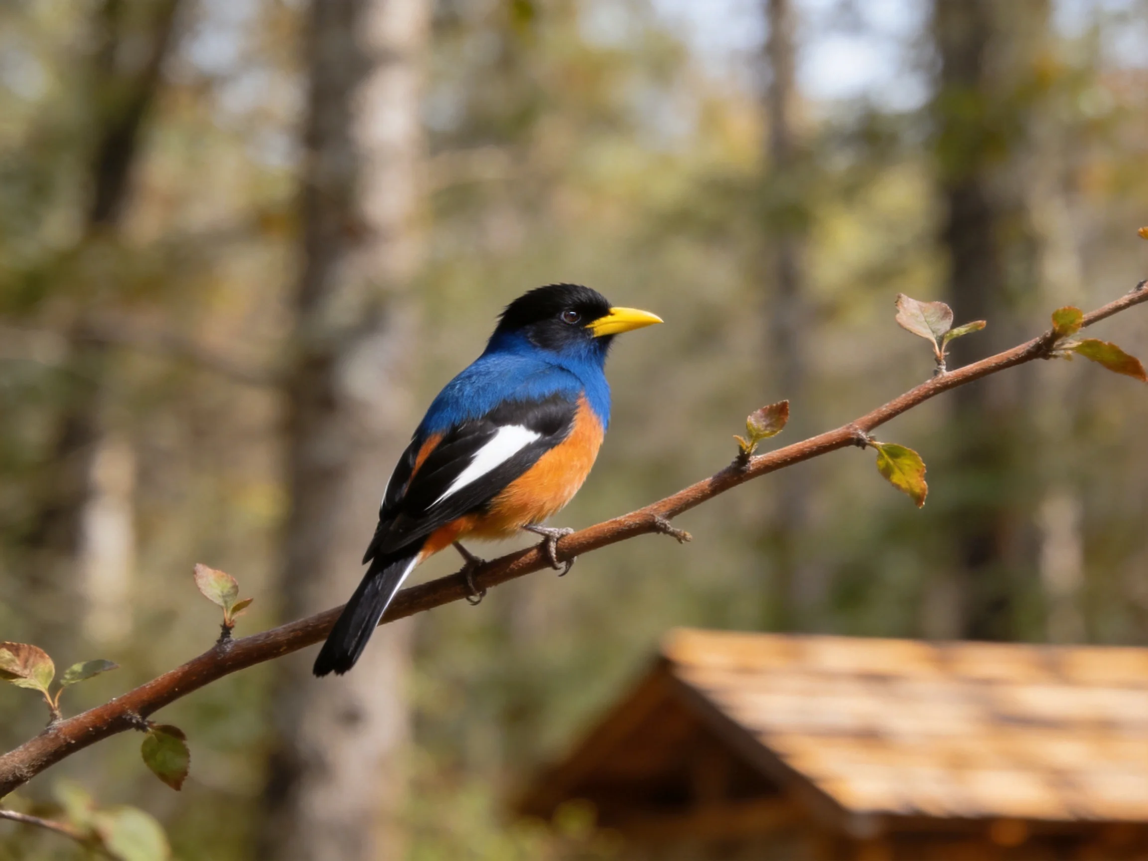 A vibrantly colored bird perched on a slender branch near a wooden structure