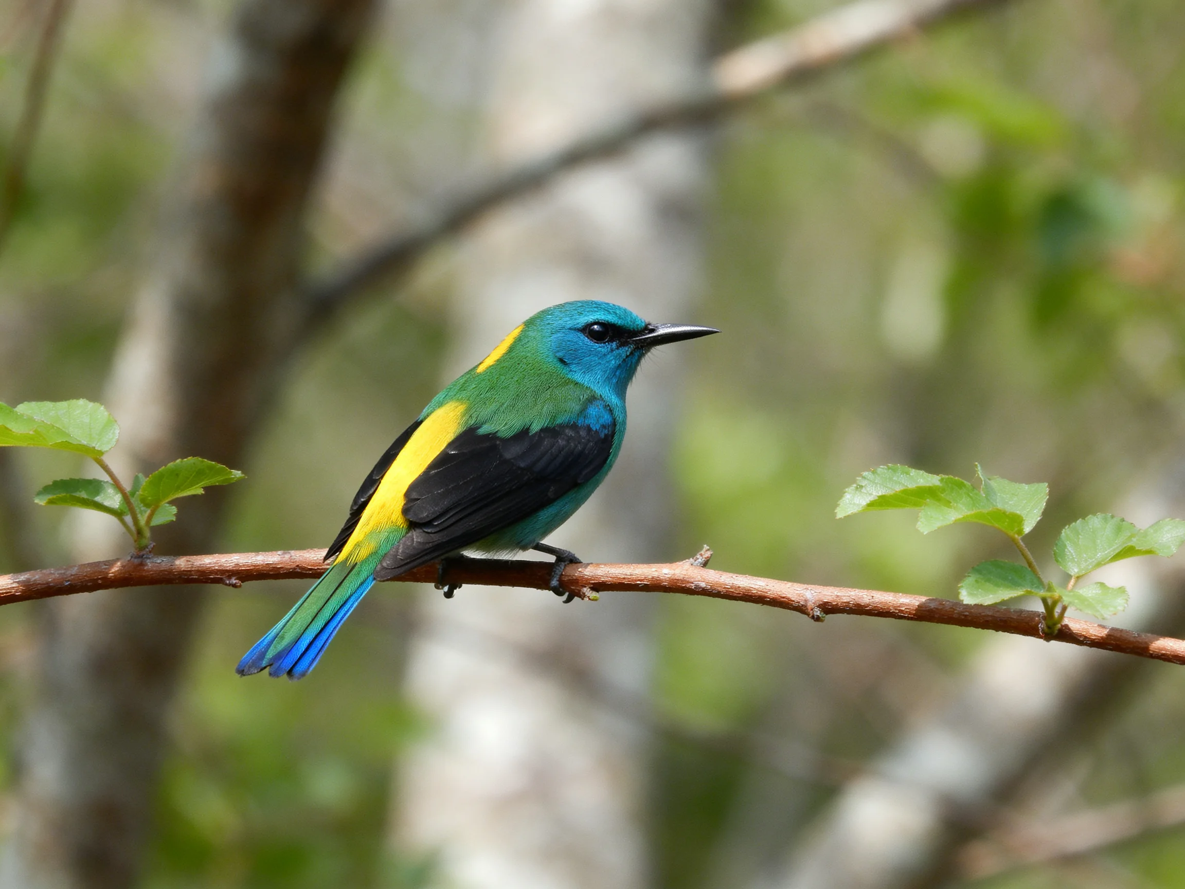 A vibrantly colored bird perched on a slender tree branch