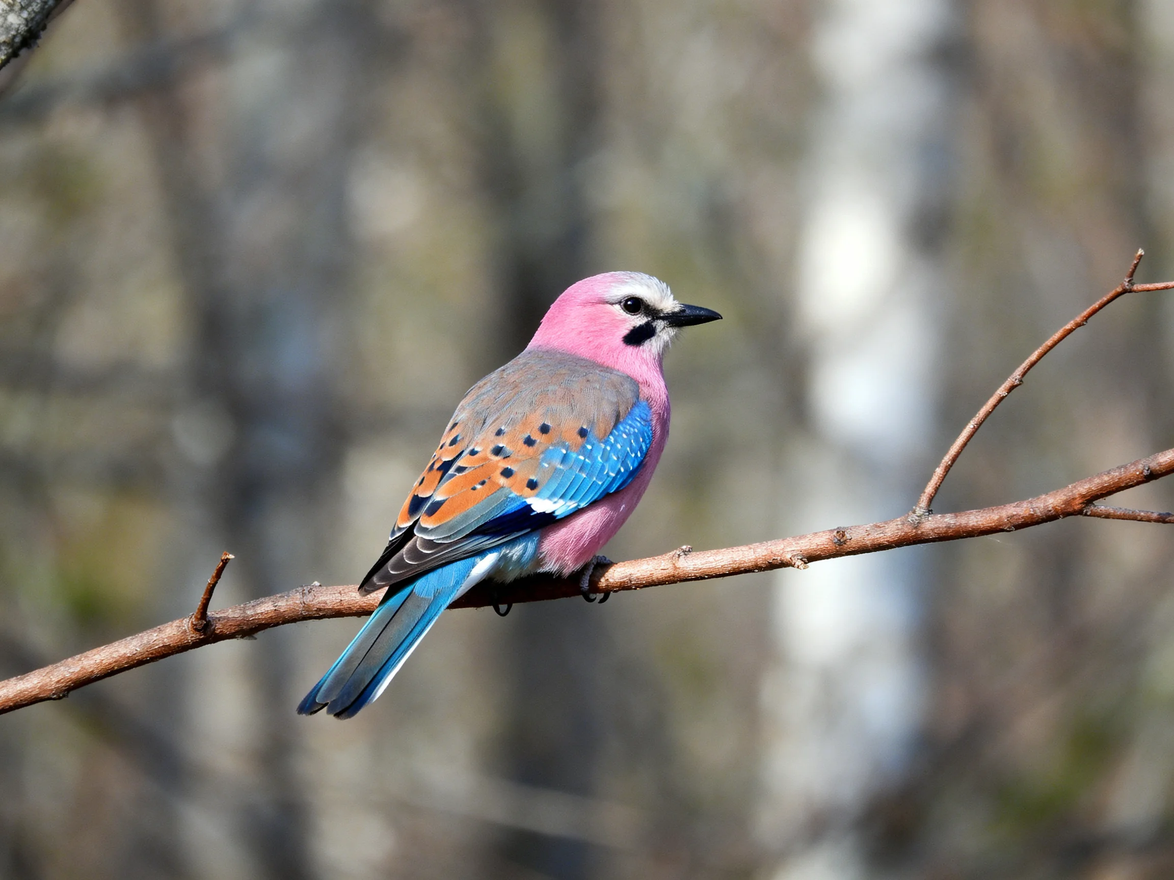 A vibrantly colored bird perched on a thin brown branch