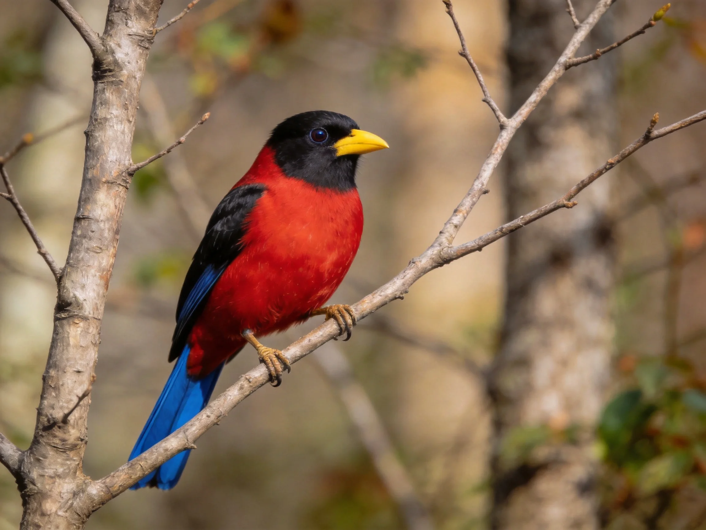 A vibrantly colored bird perched on a thin tree branch