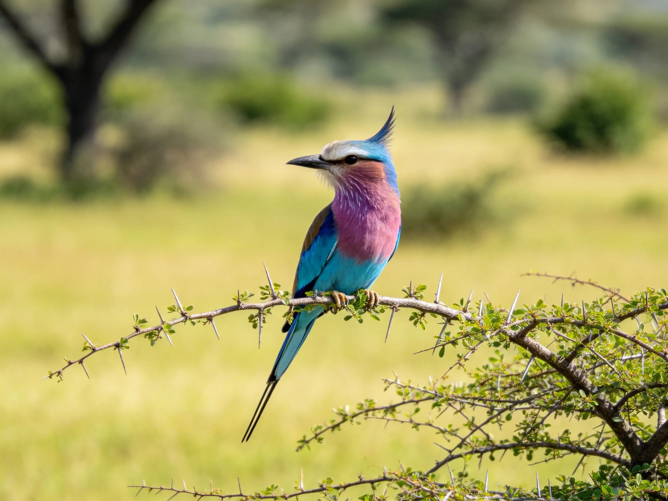 A vibrantly colored bird perched on a thorny branch