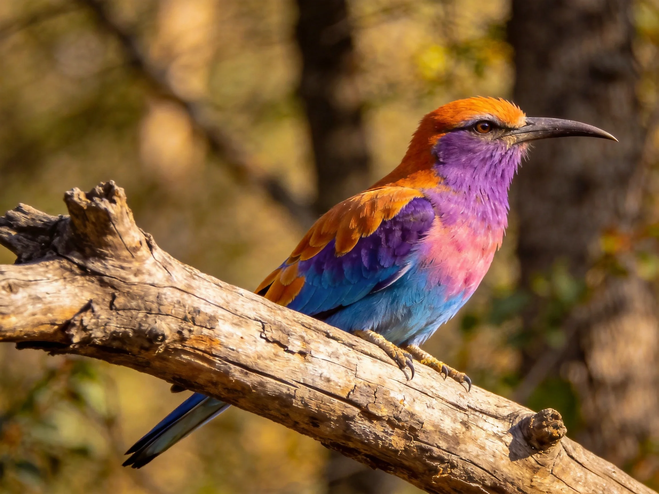 A vibrantly colored bird perched on a weathered tree branch