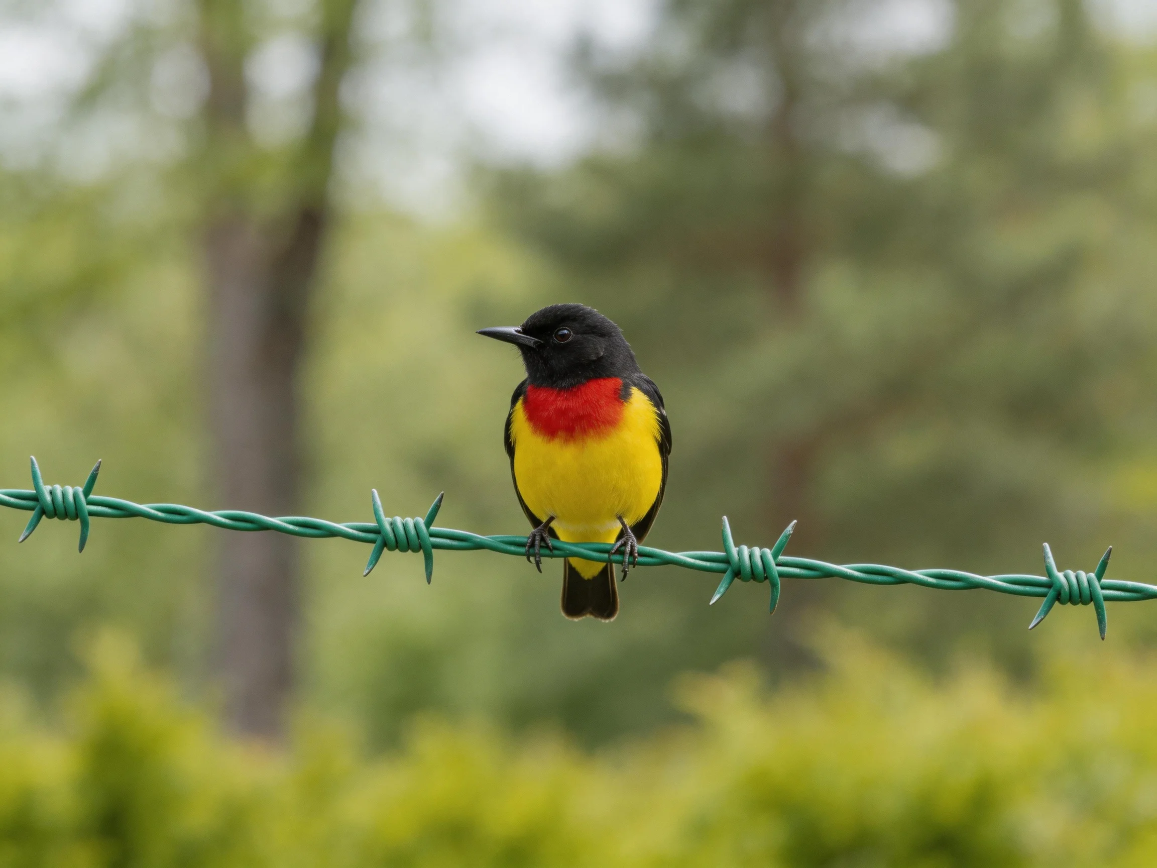 A vibrantly colored bird perched on green barbed wire near trees