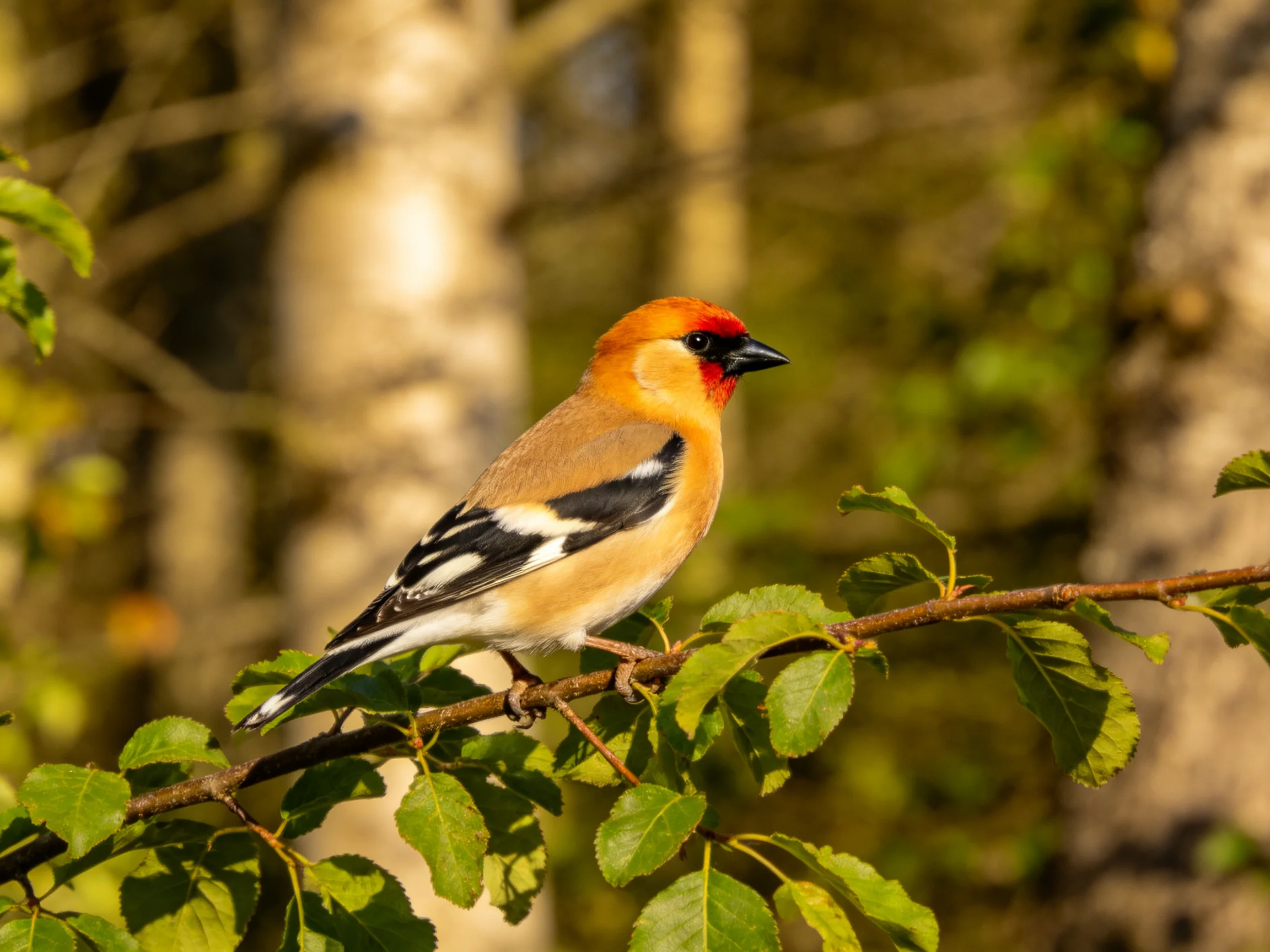 A vibrantly colored bird perches on a leafy branch in a forested setting.