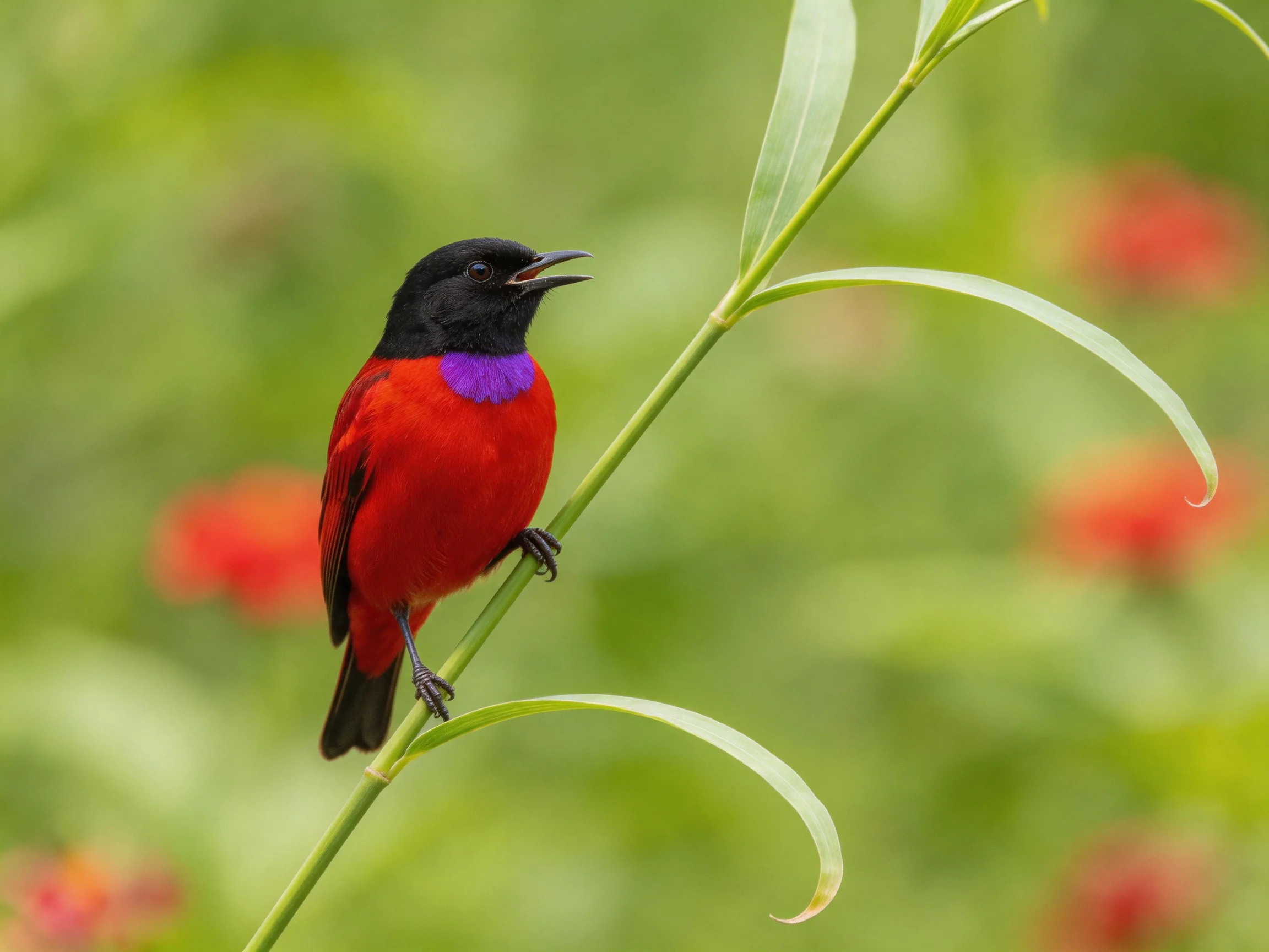 A vibrantly colored bird perches on a slender green stem