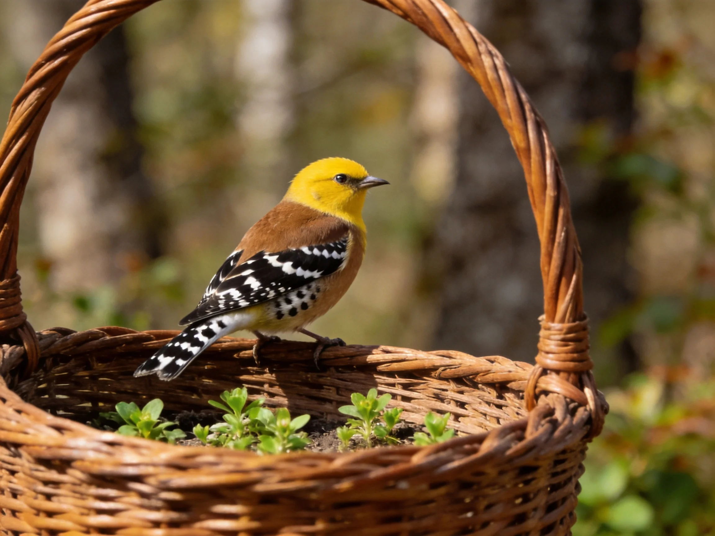A vibrantly colored bird perches on a wicker basket near greenery