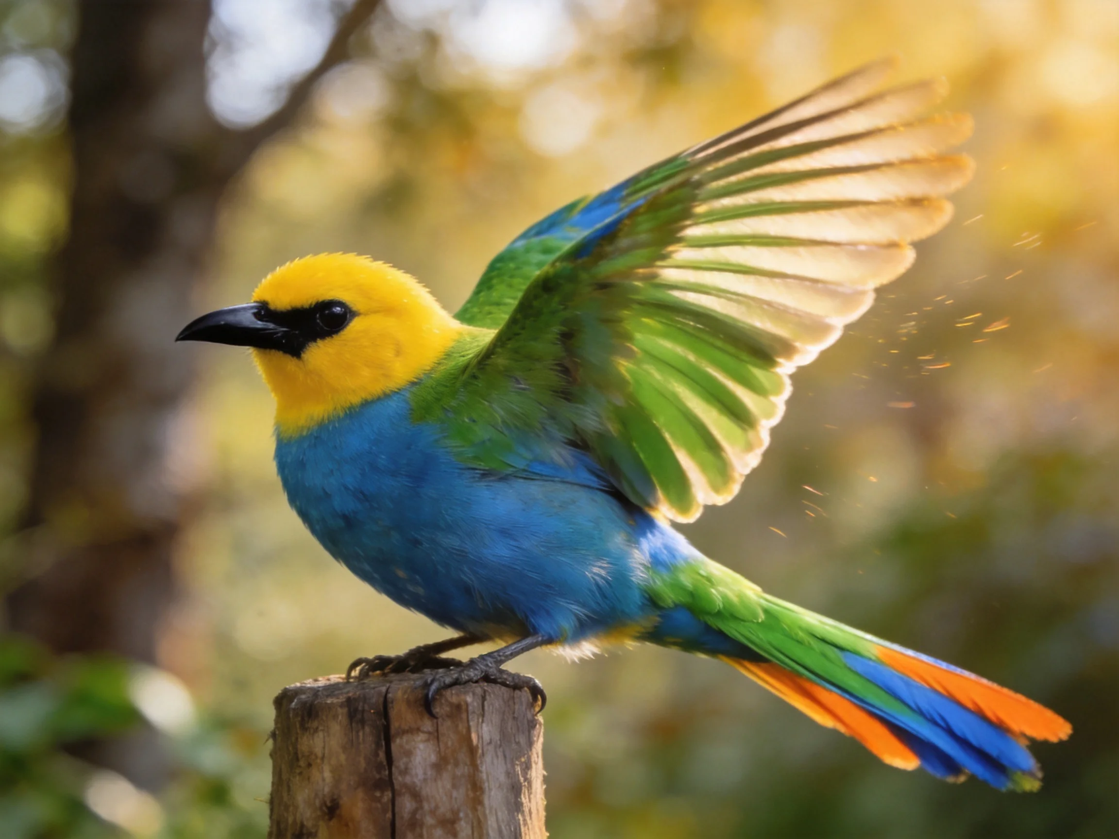 A vibrantly colored bird spreading wings on wooden perch