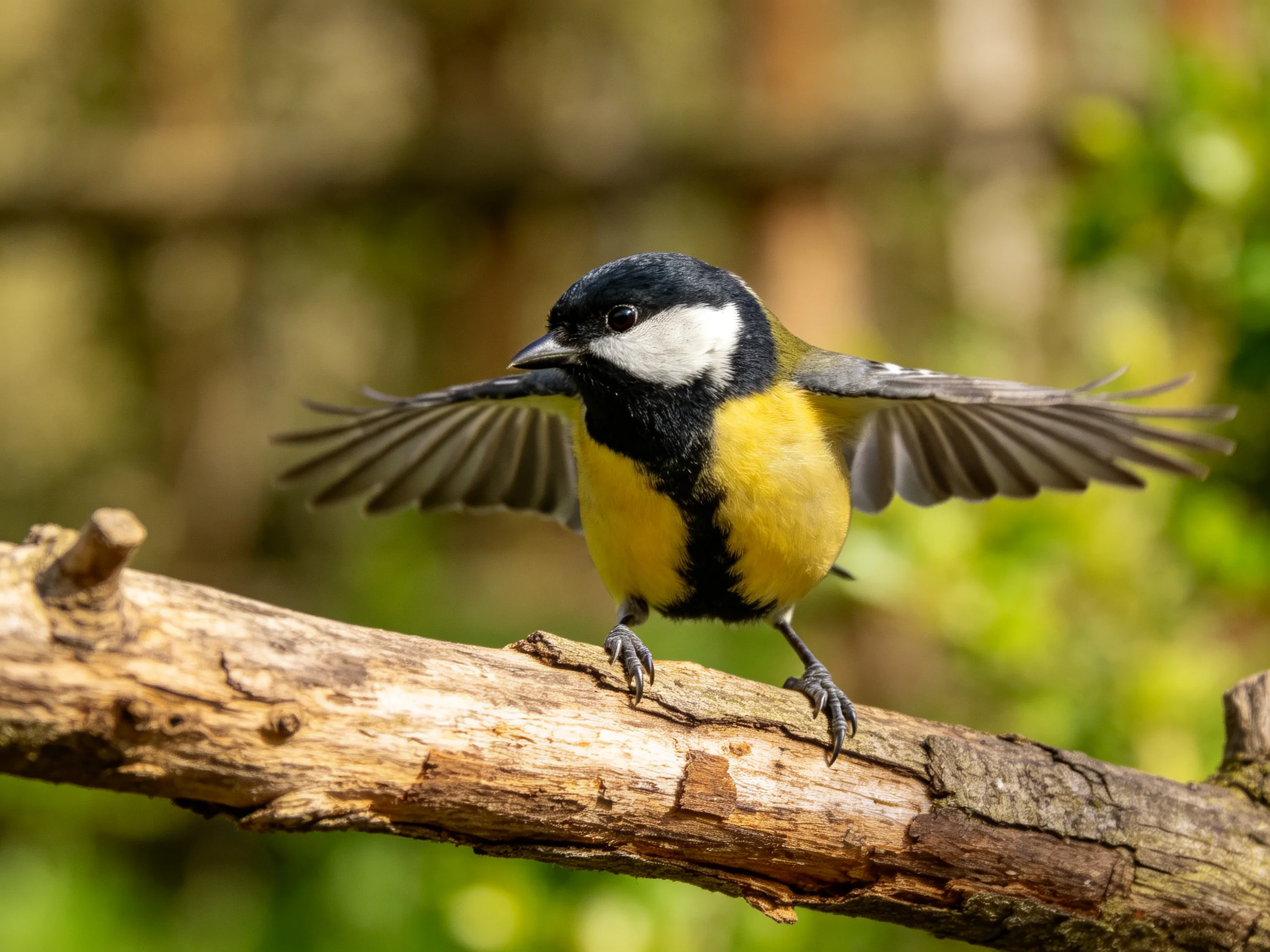A vibrantly colored bird spreads wings on a weathered wooden branch