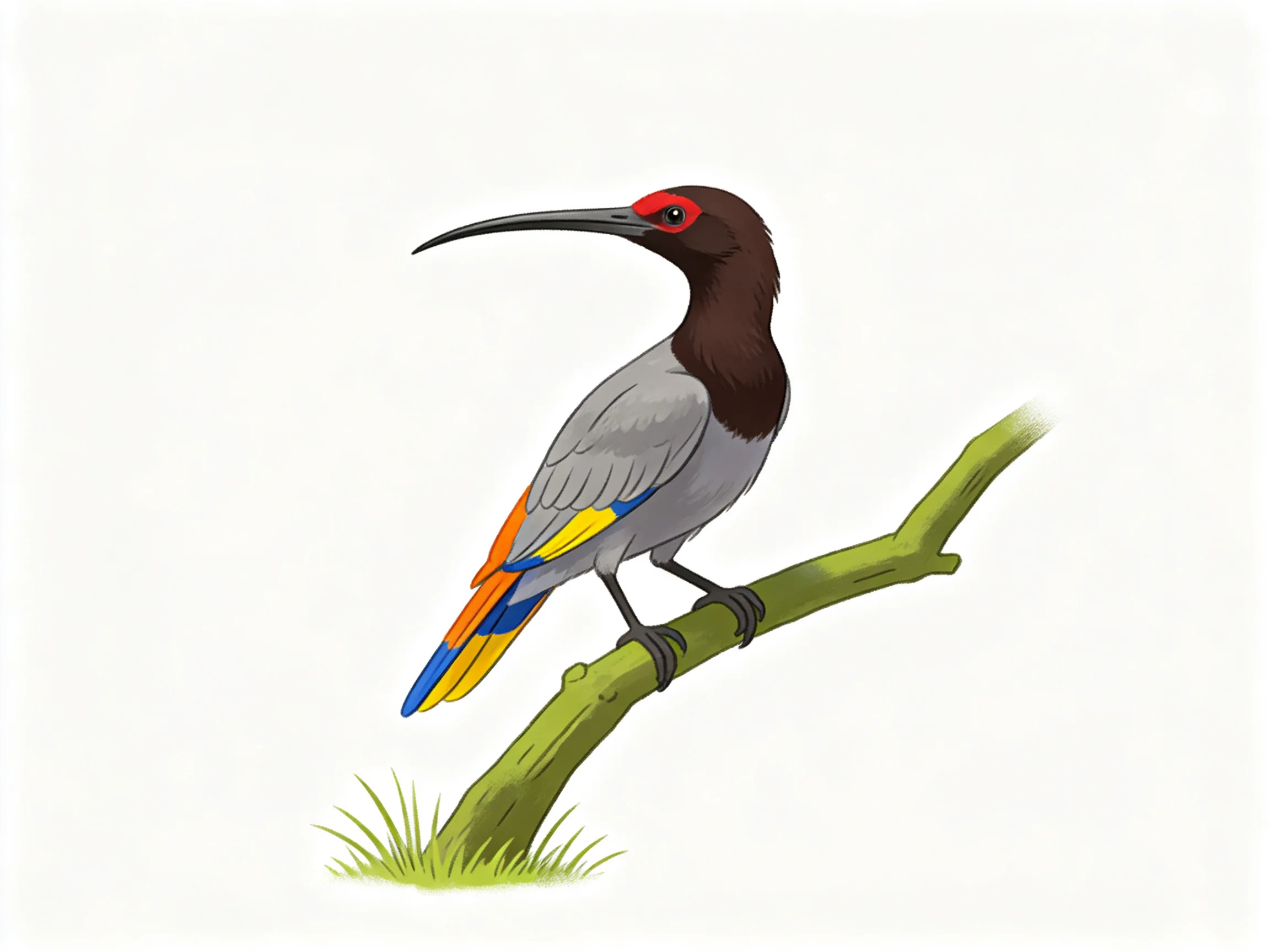 A vibrantly colored bird with a long beak perches on a green branch