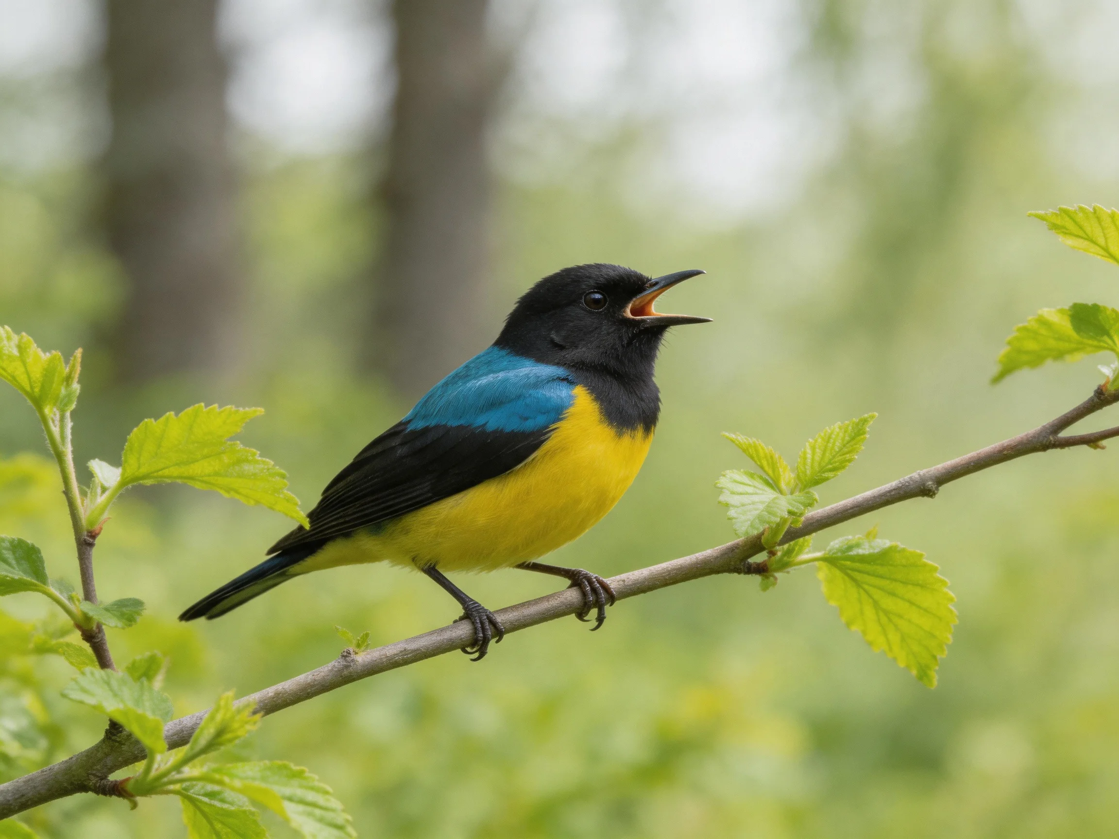 A vibrantly colored bird with black, blue, and yellow plumage perches on a leafy branch.