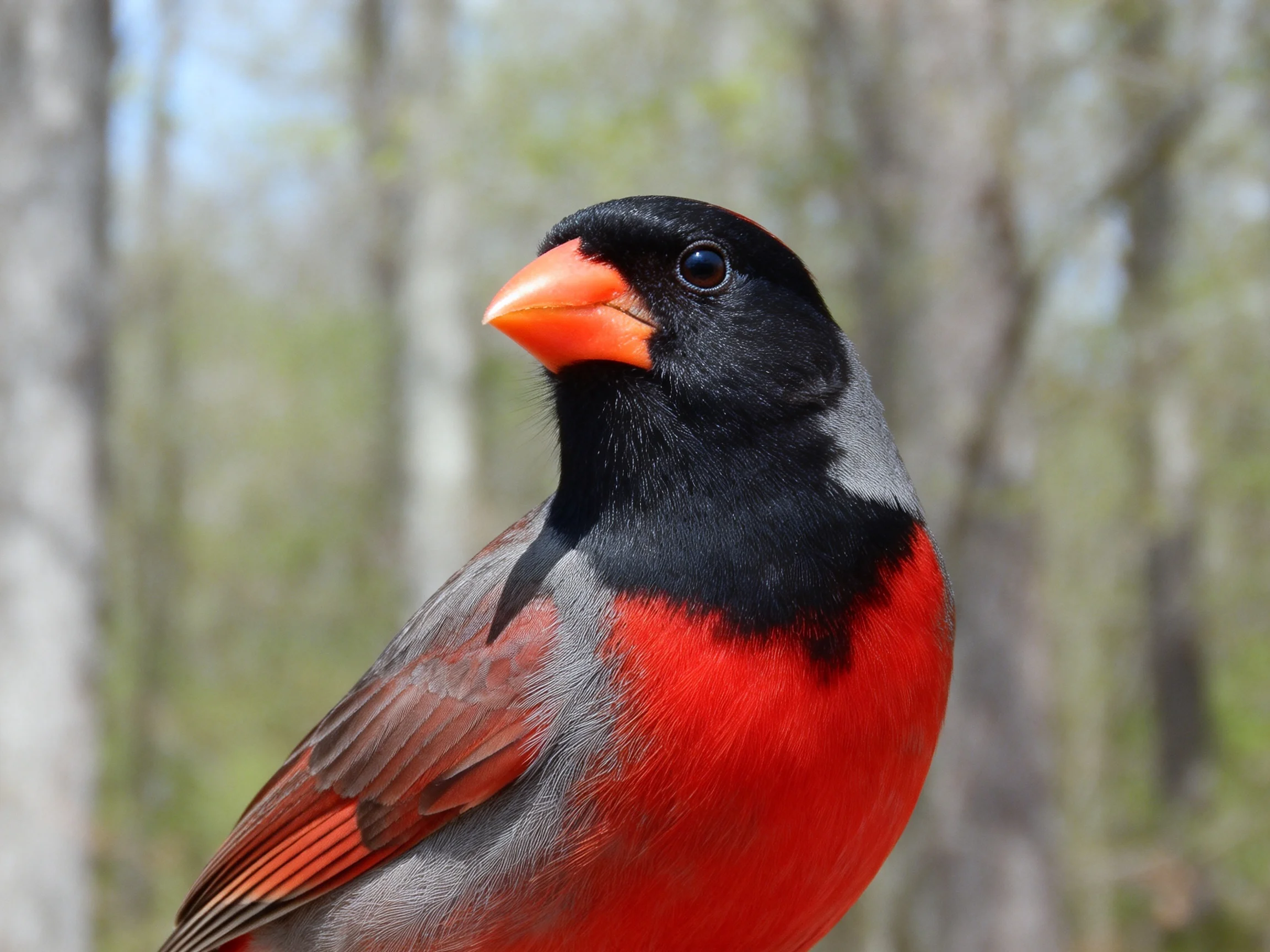 A vibrantly colored bird with black head, orange beak, red chest