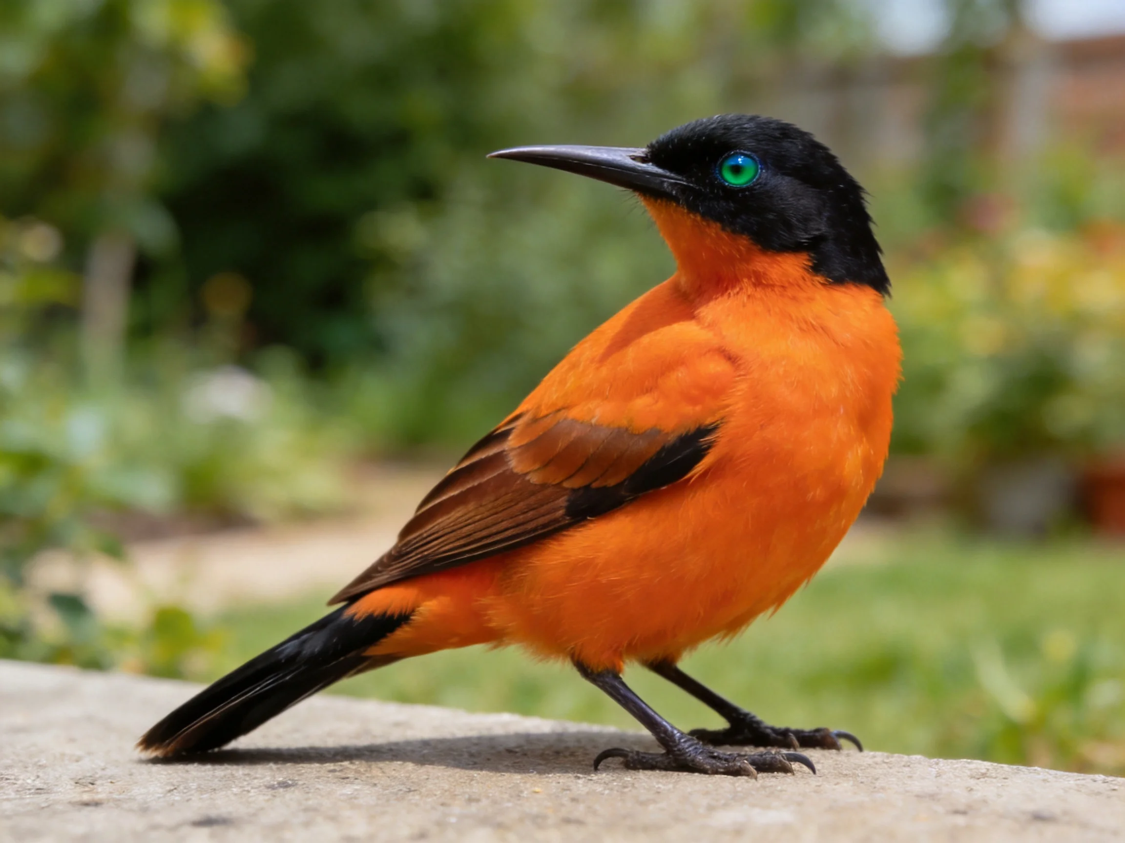 A vibrantly colored bird with black head, orange plumage, and long beak