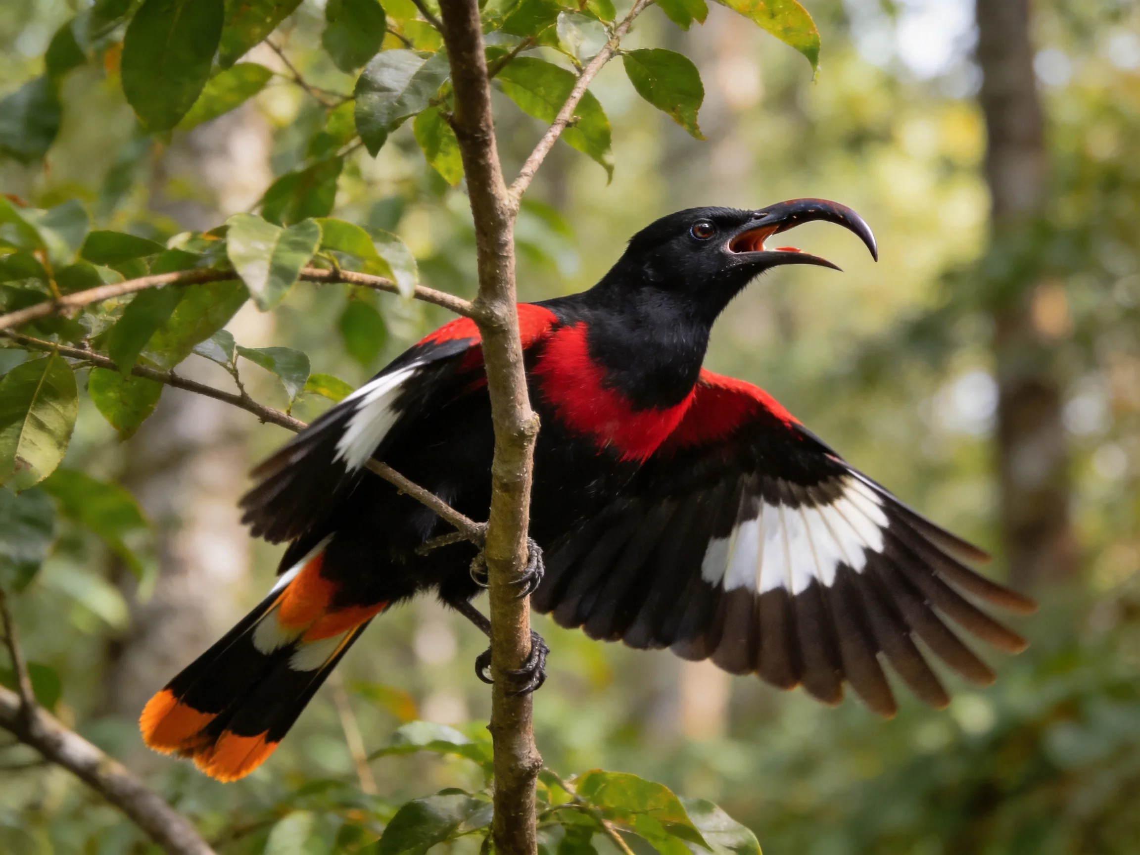 A vibrantly colored bird with black, red, and orange plumage perched on a tree branch