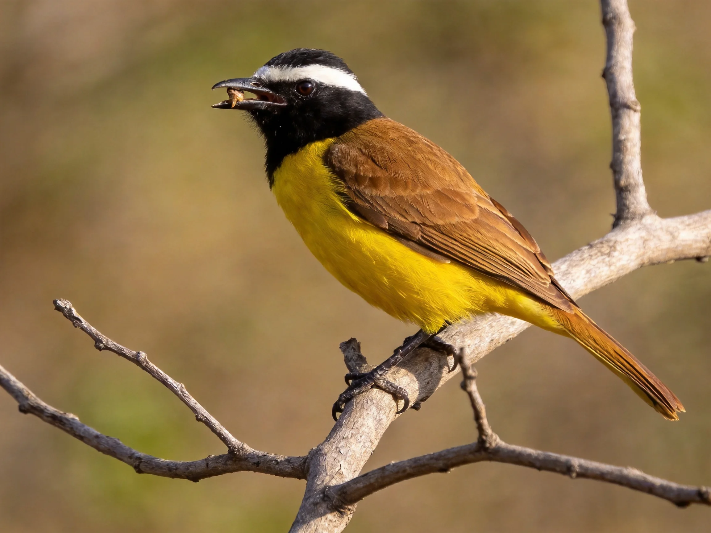 A vibrantly colored bird with black, white, yellow, and brown plumage perched on a branch