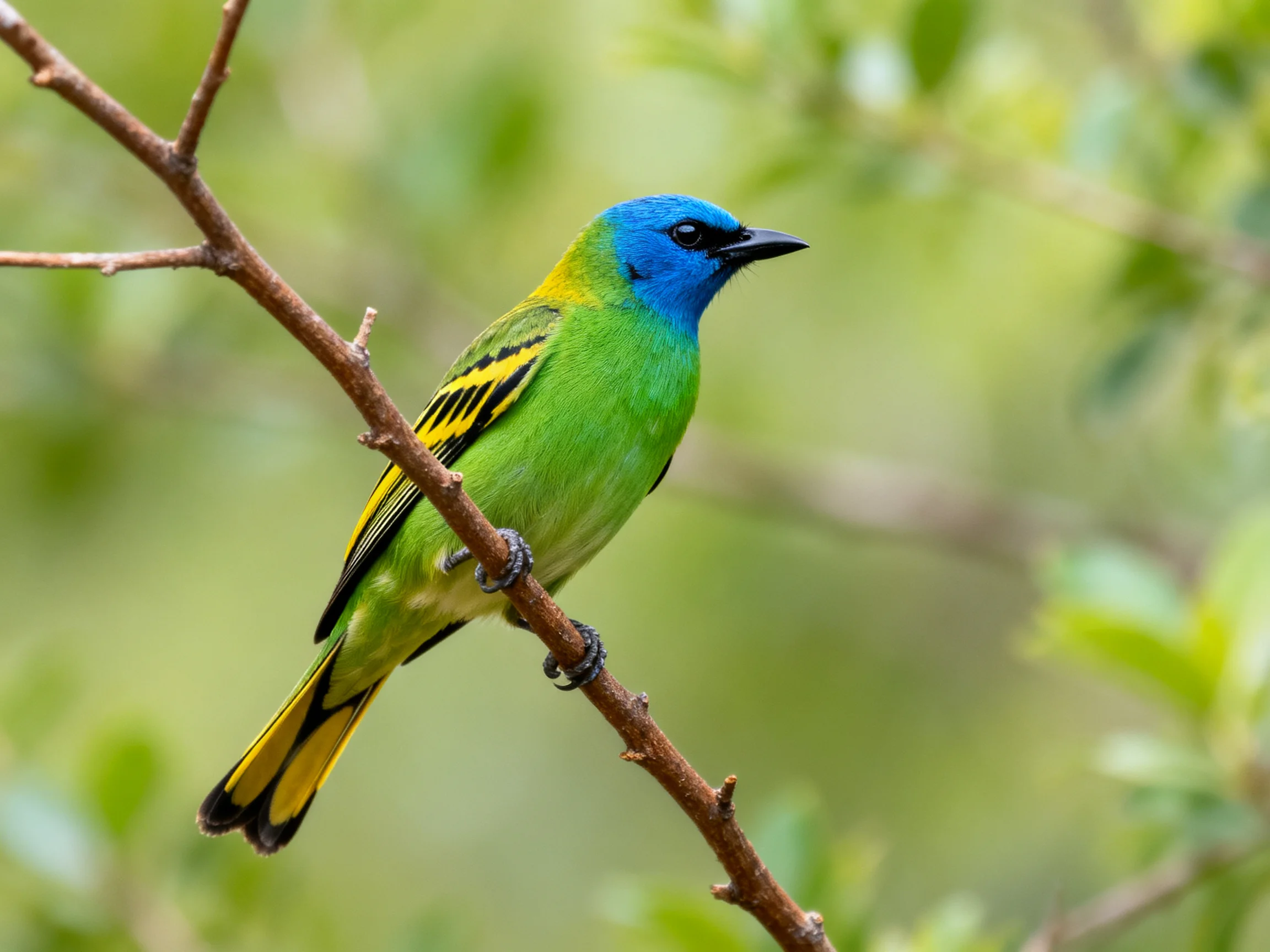 A vibrantly colored bird with blue, green, and yellow plumage perches on a branch
