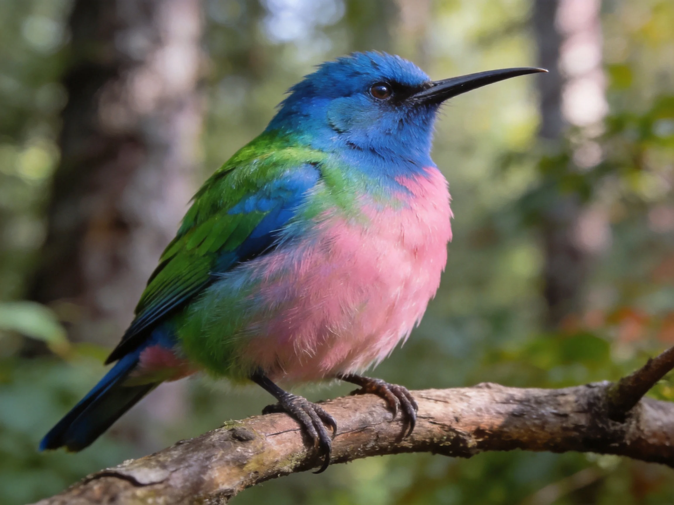 A vibrantly colored bird with blue, green, pink plumage perched on a tree branch