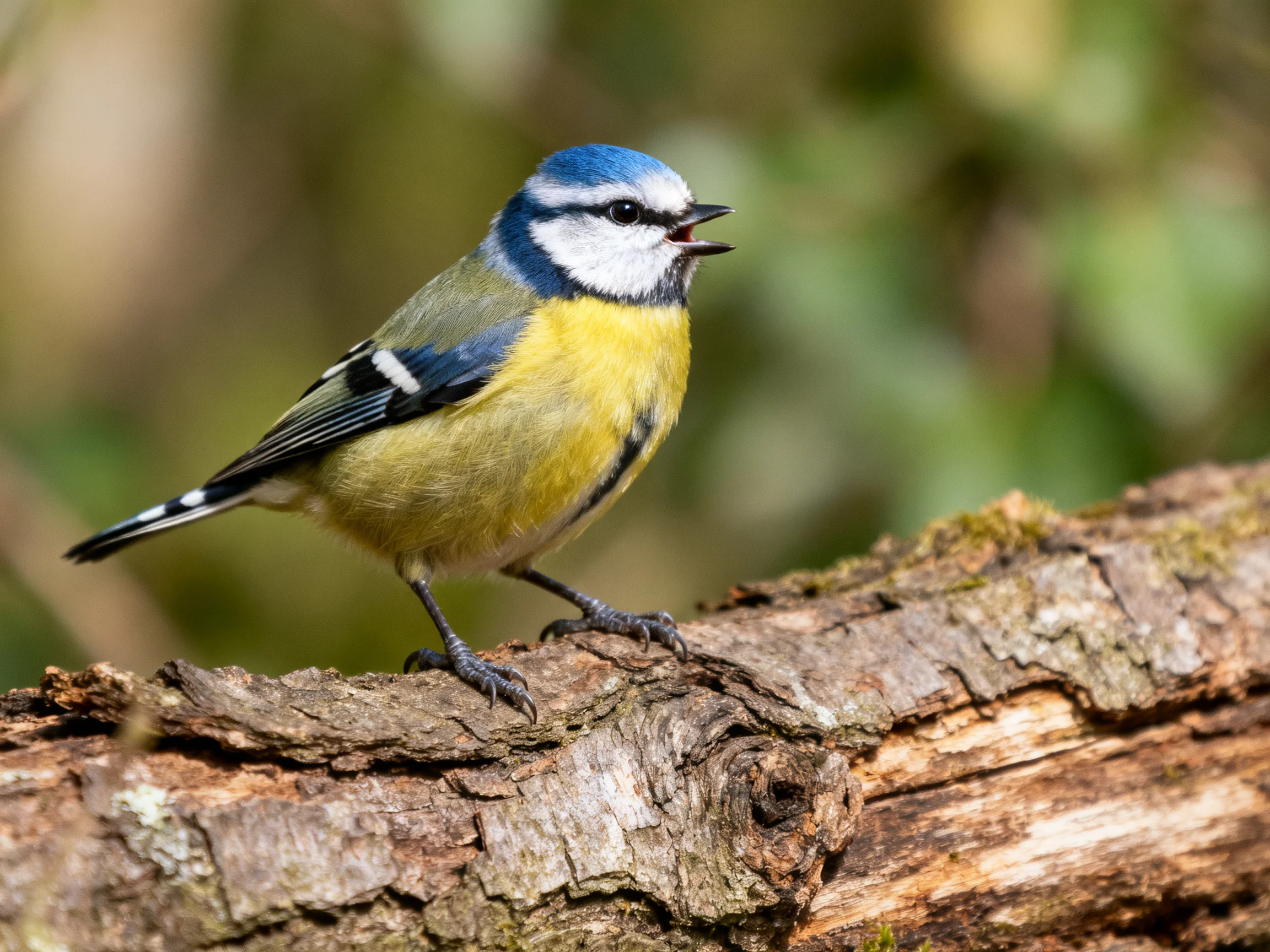 A vibrantly colored bird with blue, yellow, and green feathers perched on a large wooden log