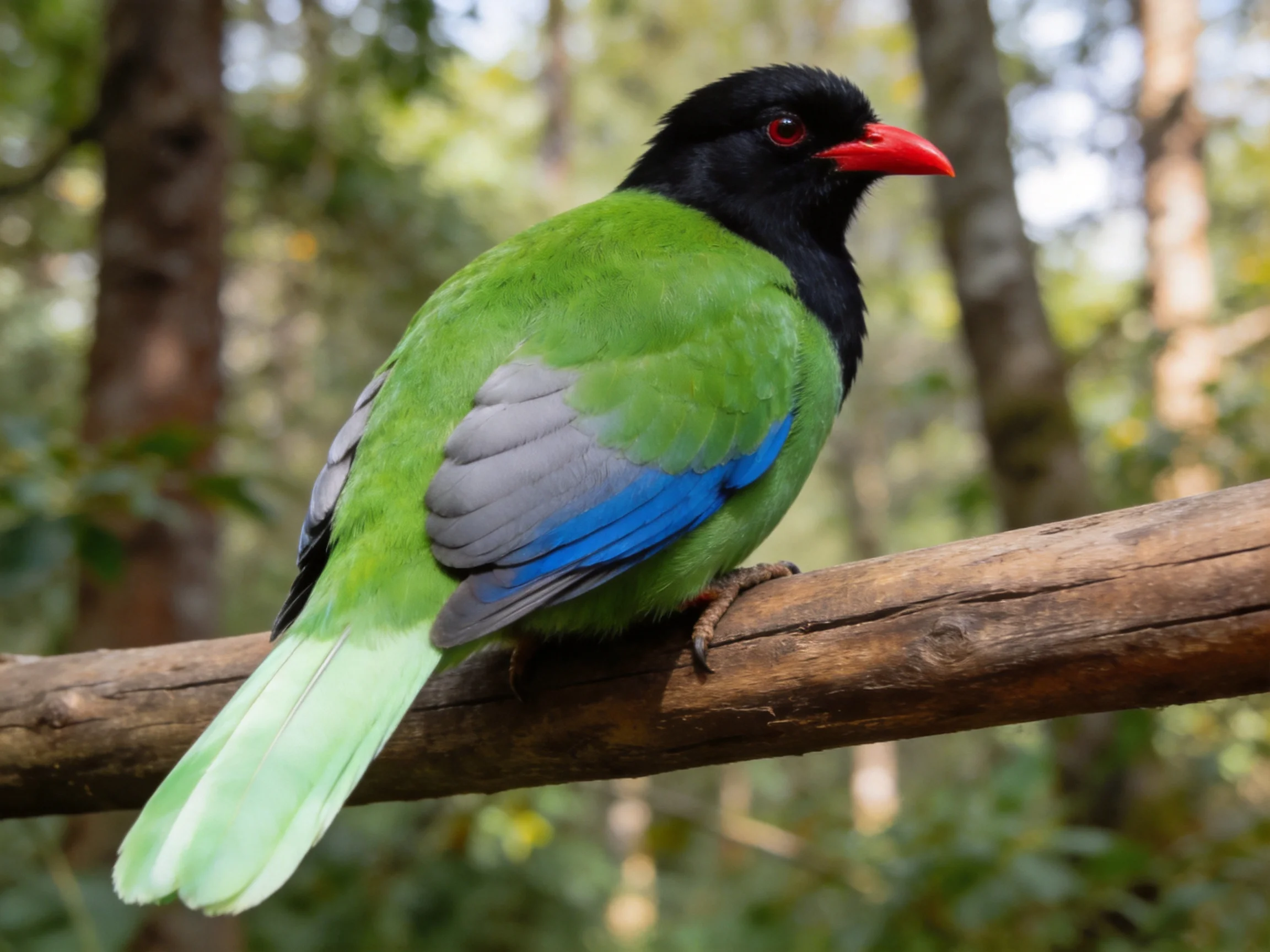 A vibrantly colored bird with green, black, and blue feathers perches on a wooden branch