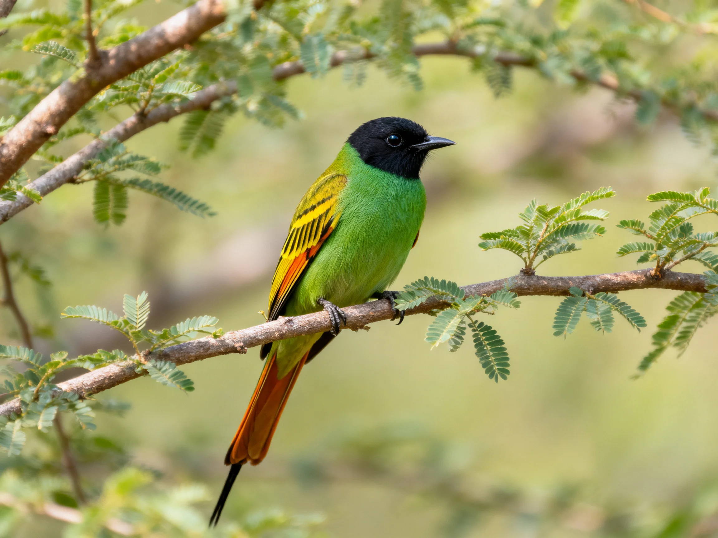 A vibrantly colored bird with green, black, and orange plumage perches on a leafy branch