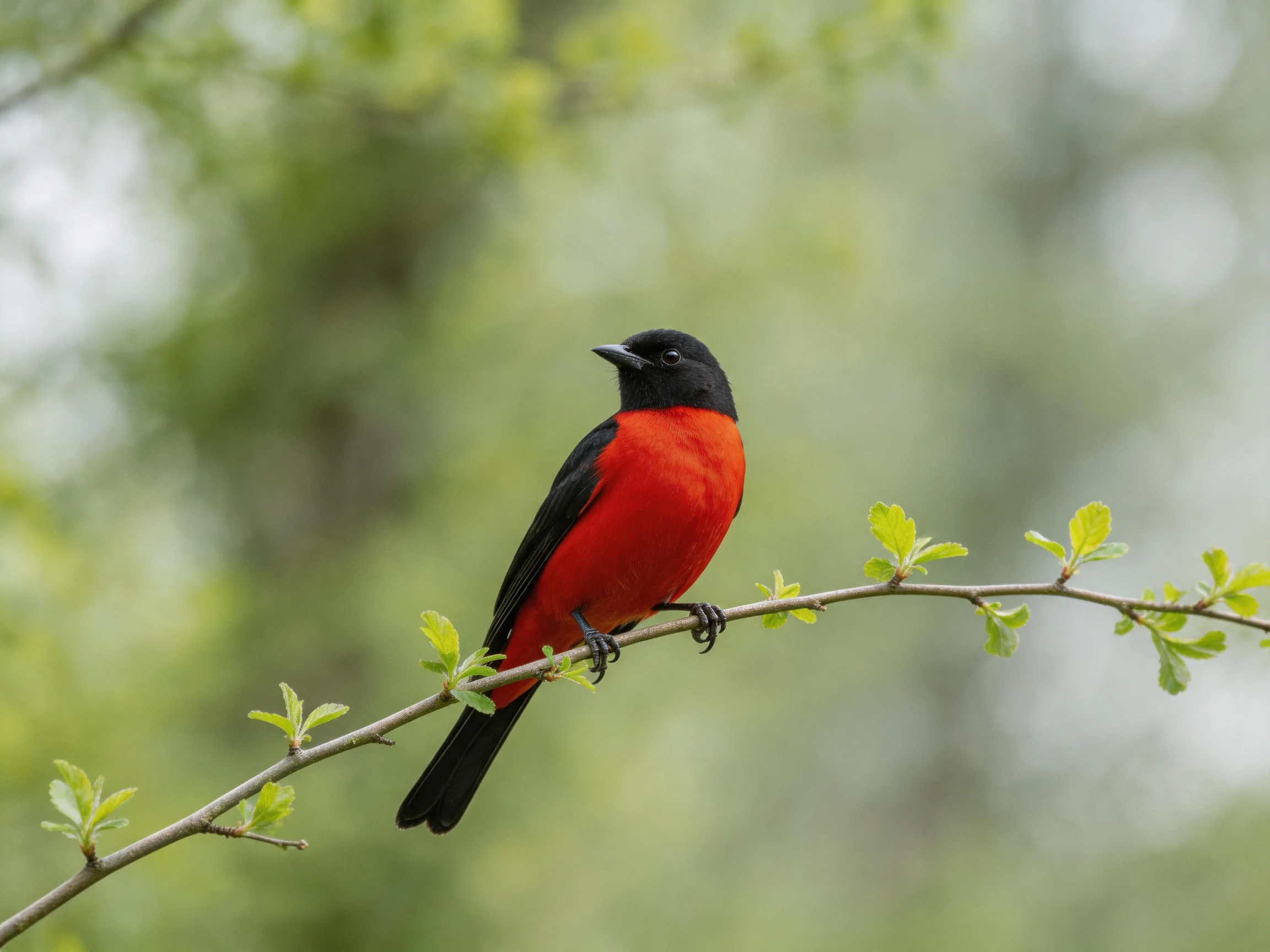 A vibrantly colored bird with red chest perches on a leafy branch