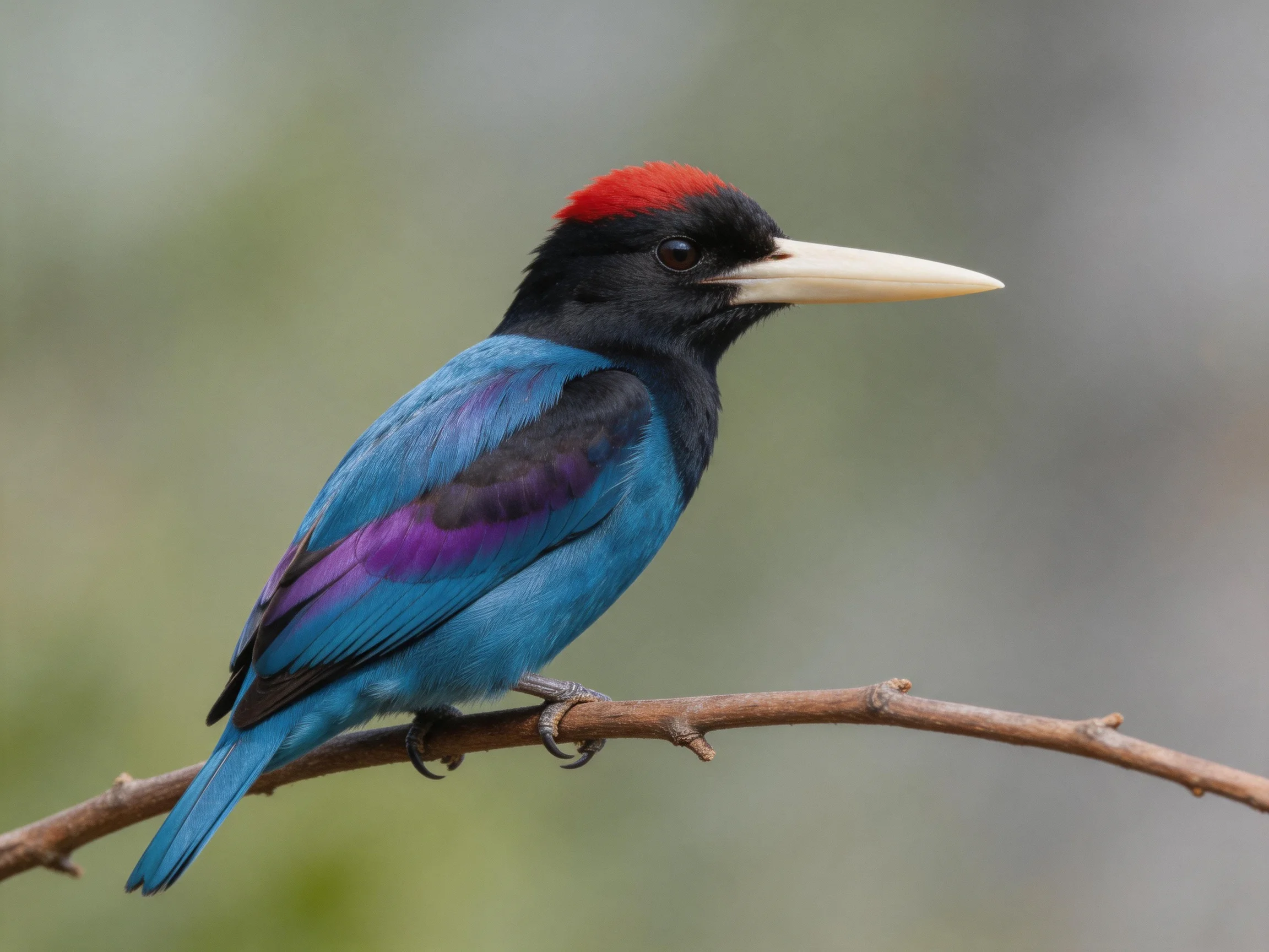 A vibrantly colored bird with red crest, blue feathers, and long beak