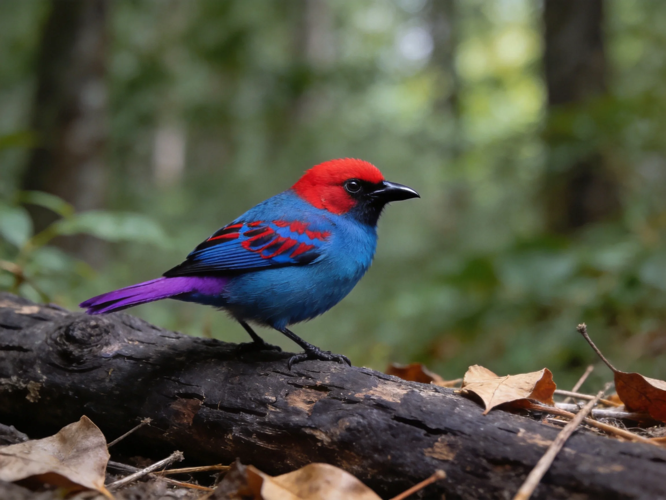 A vibrantly colored bird with red head, blue body, purple tail perched on forest log