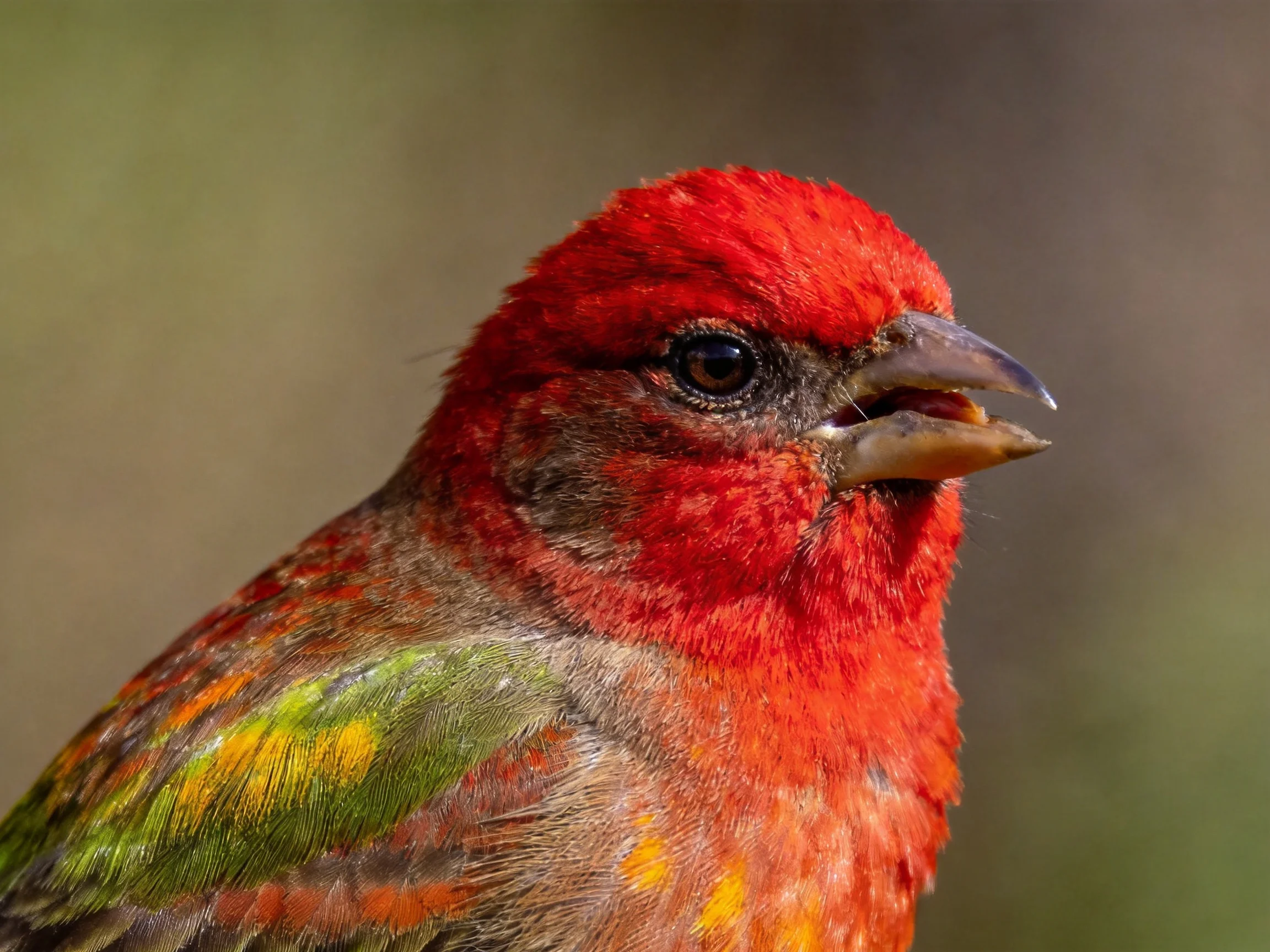 A vibrantly colored bird with red head, green wings, brown body
