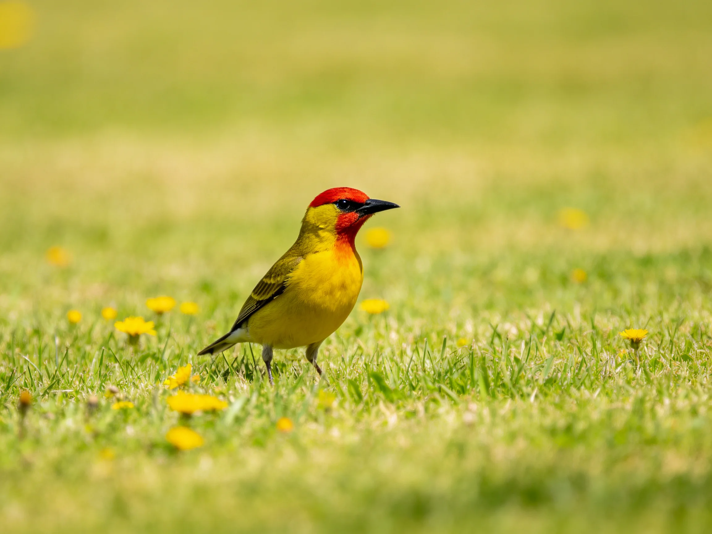 A vibrantly colored bird with red head, yellow chest, on grass with yellow flowers