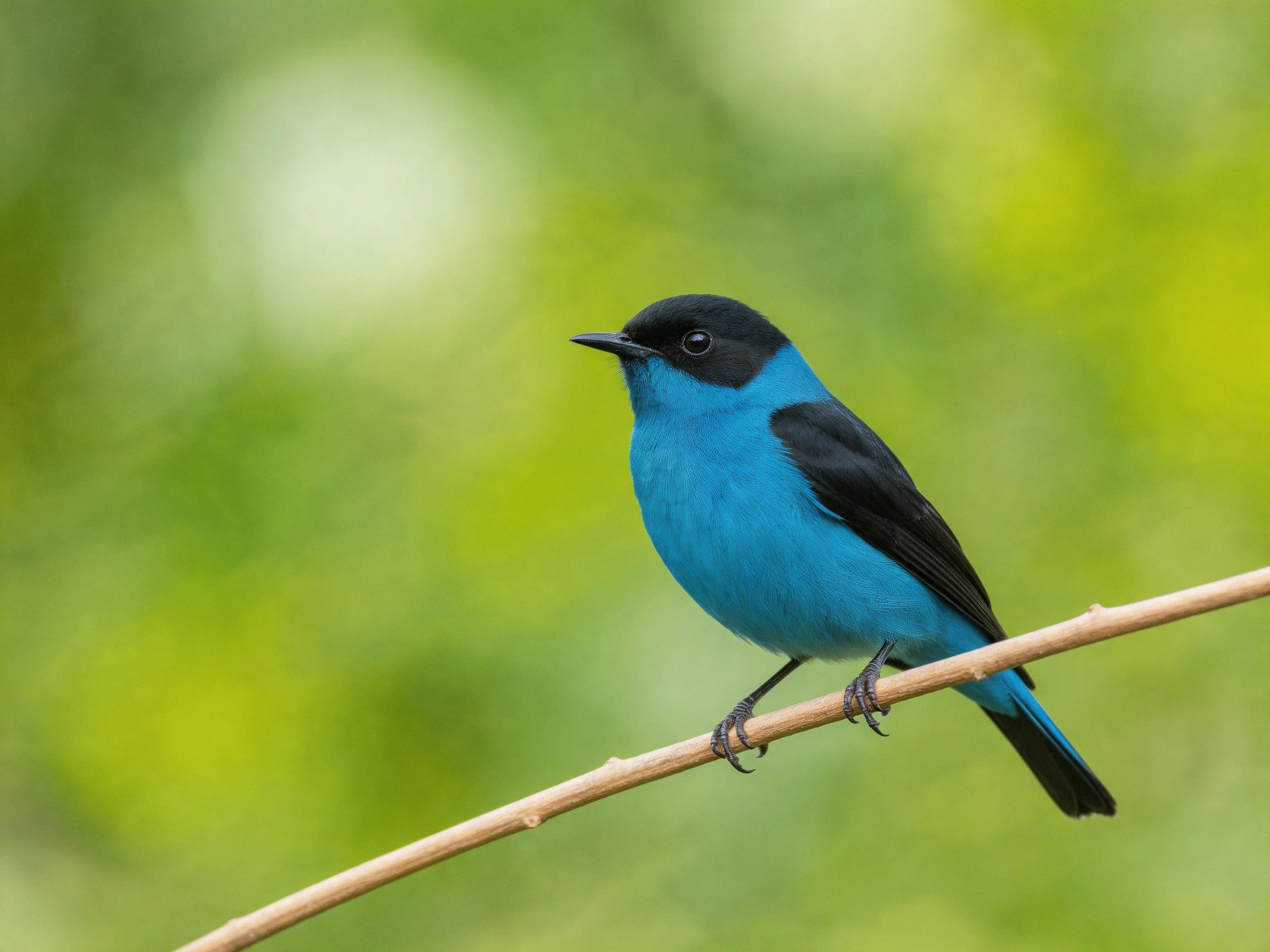 A vibrantly colored blue and black bird perched on a slender branch
