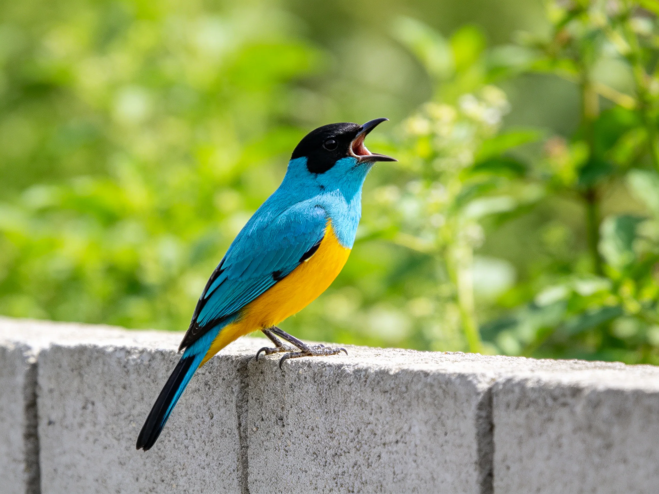 A vibrantly colored blue and yellow bird perched on a gray concrete barrier