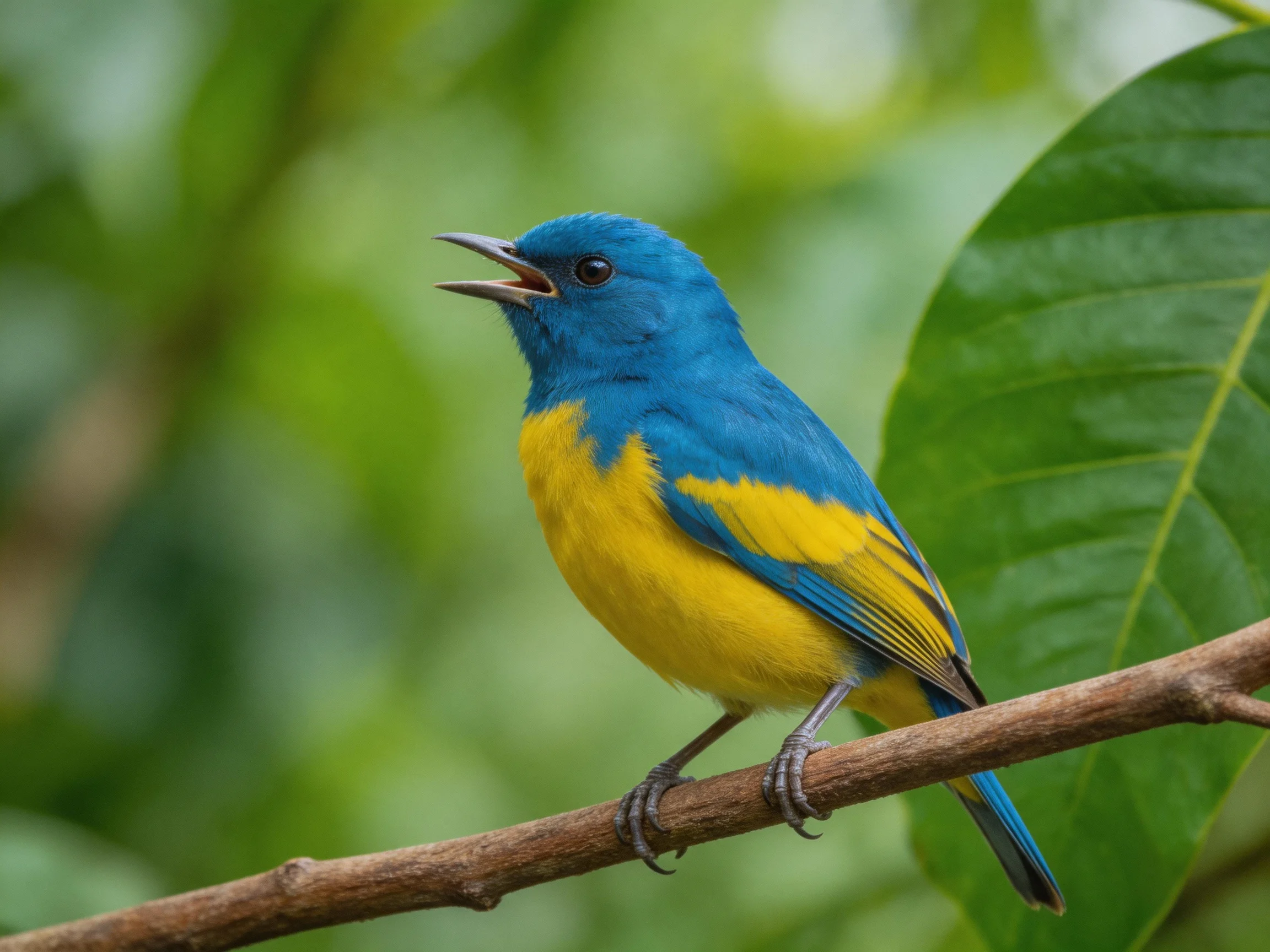 A vibrantly colored blue and yellow bird perches on a branch