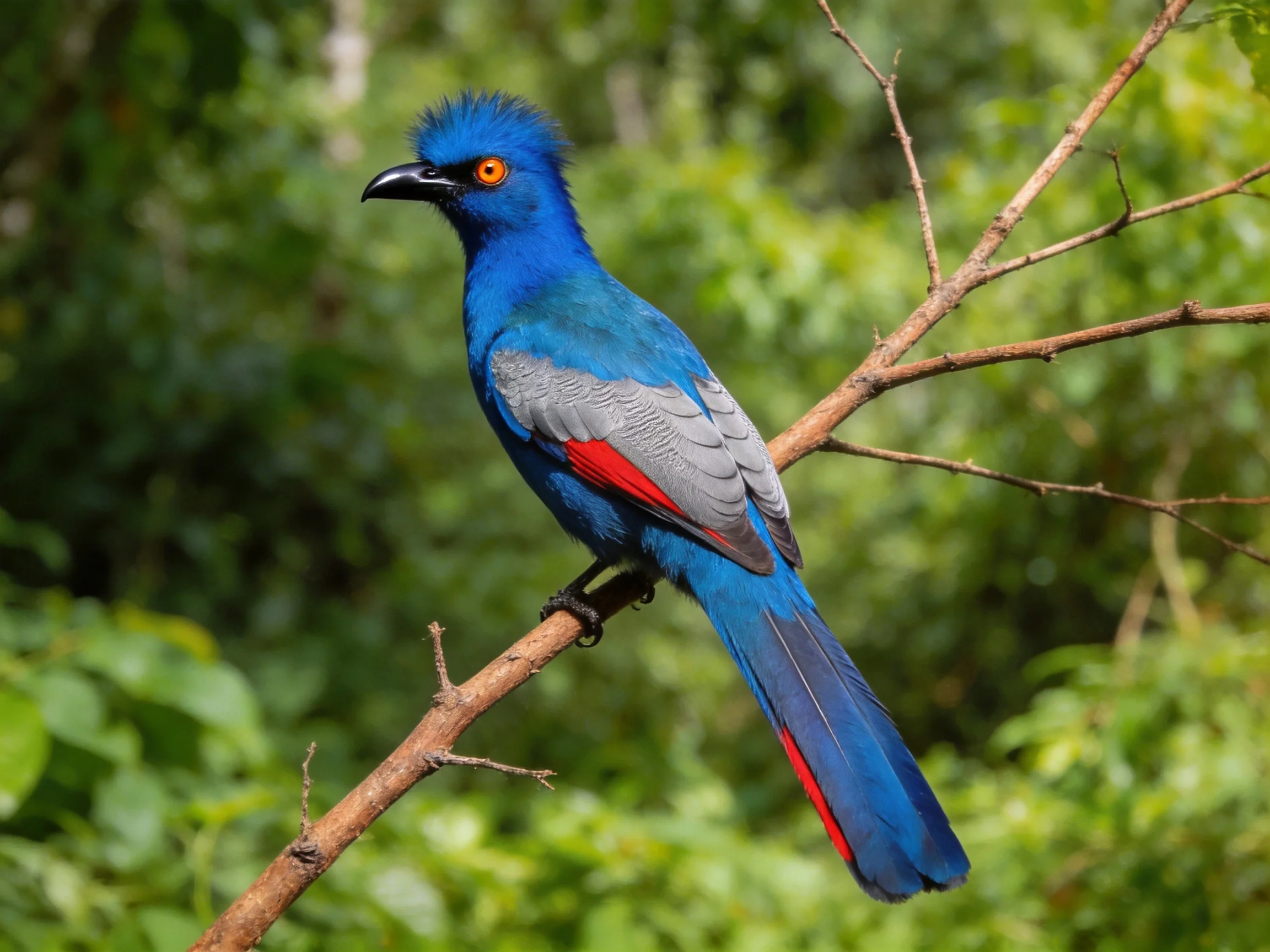 A vibrantly colored blue-gray-red bird perched on a tree branch